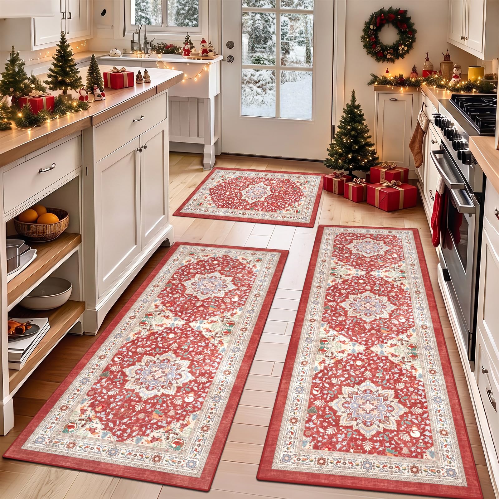 TUKDAK 3Pcs Red Christmas Kitchen Rug Set Washable Non Slip Vintage Soft — image 1