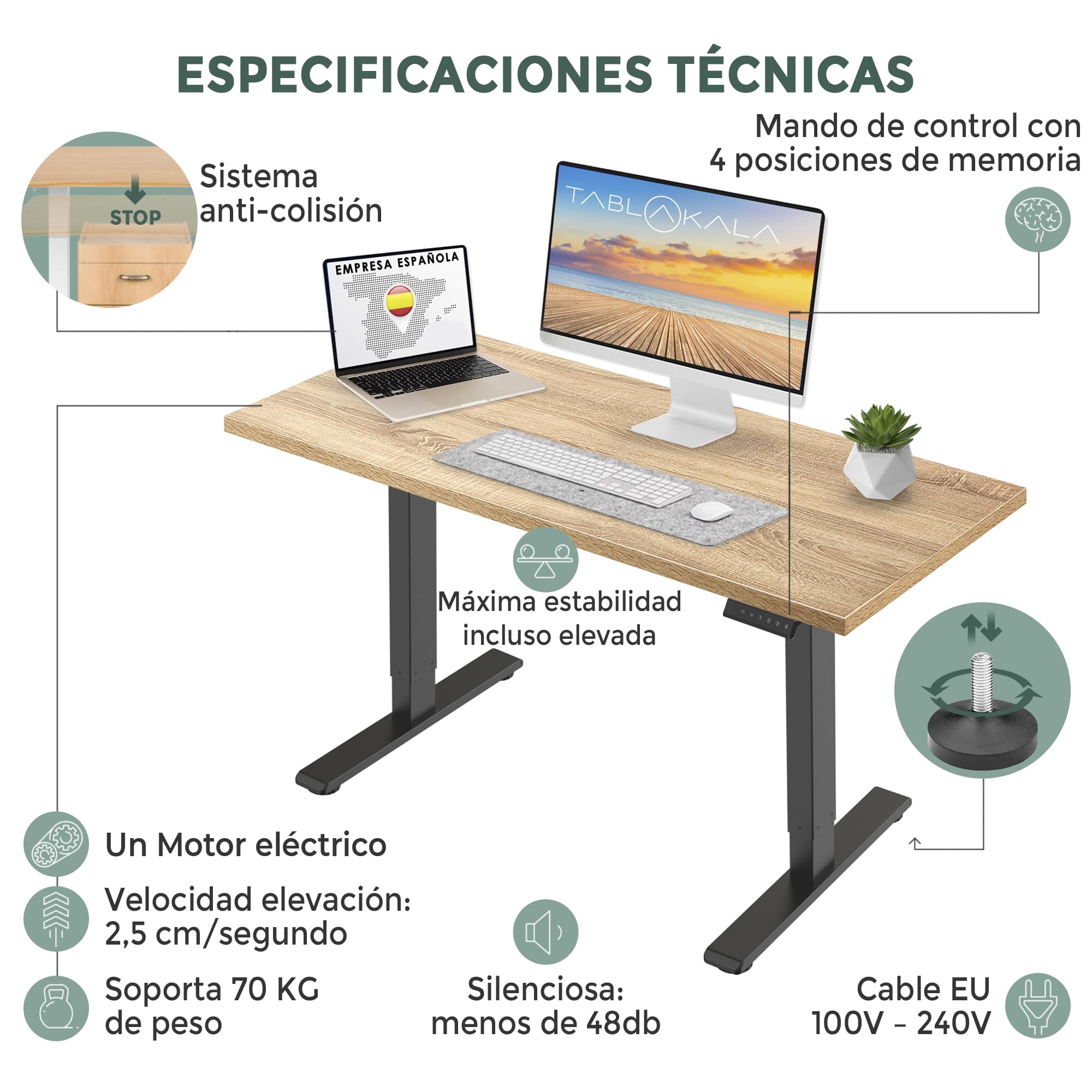 Escritorio Elevable Eléctrico | Tablero 140x70 cm Roble | Patas Negras | Ajustable en Altura 71-121 cm | Standing Desk Ergonómico, Mesa Elevable
