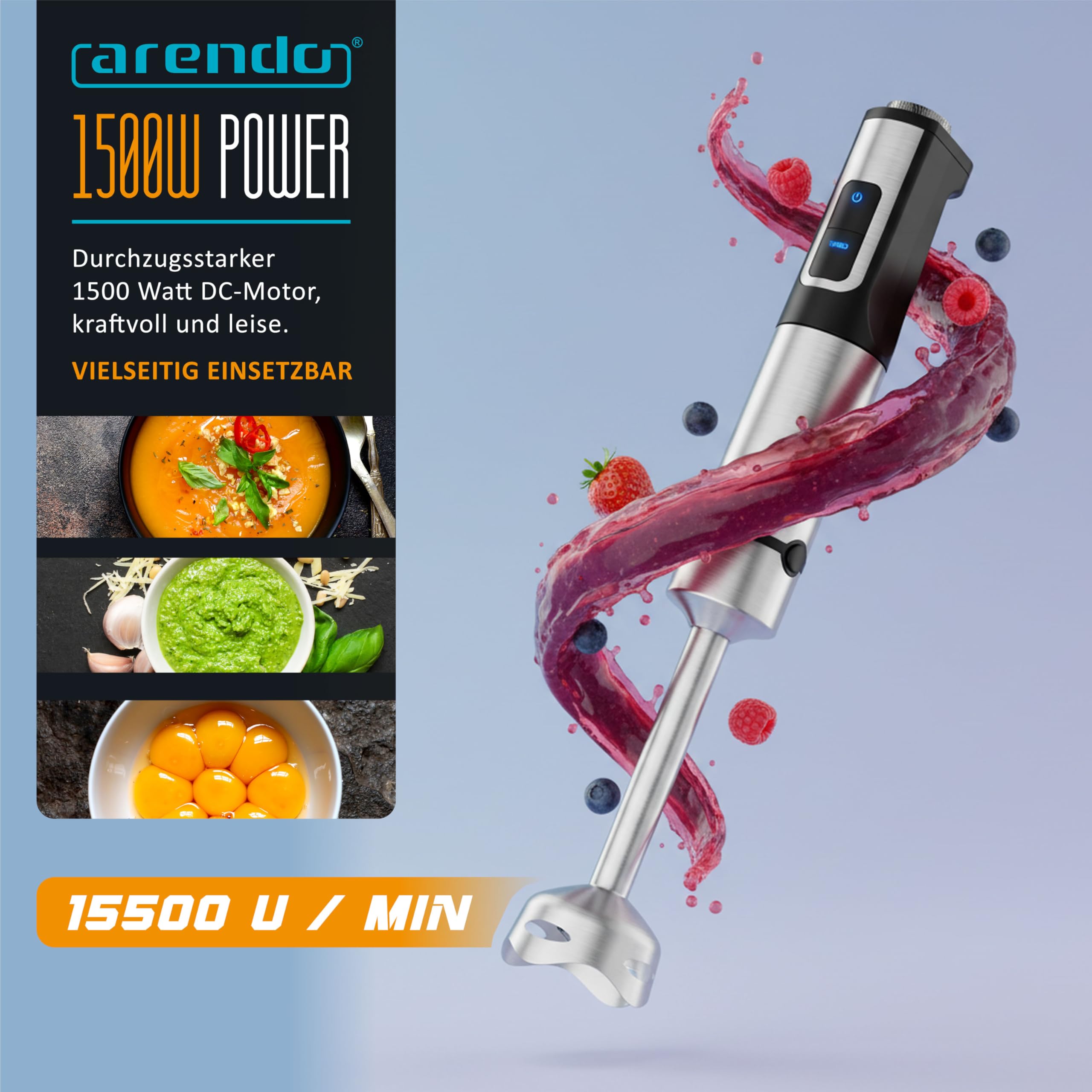Arendo - Edelstahl Stabmixer 1500 Watt – Standmixer mit Trinkflasche Deckel und Messereinheit - Handmixer - Pürierstab - 12 Geschwindigkeitsstufen - Turbotaste – Smoothie Maker