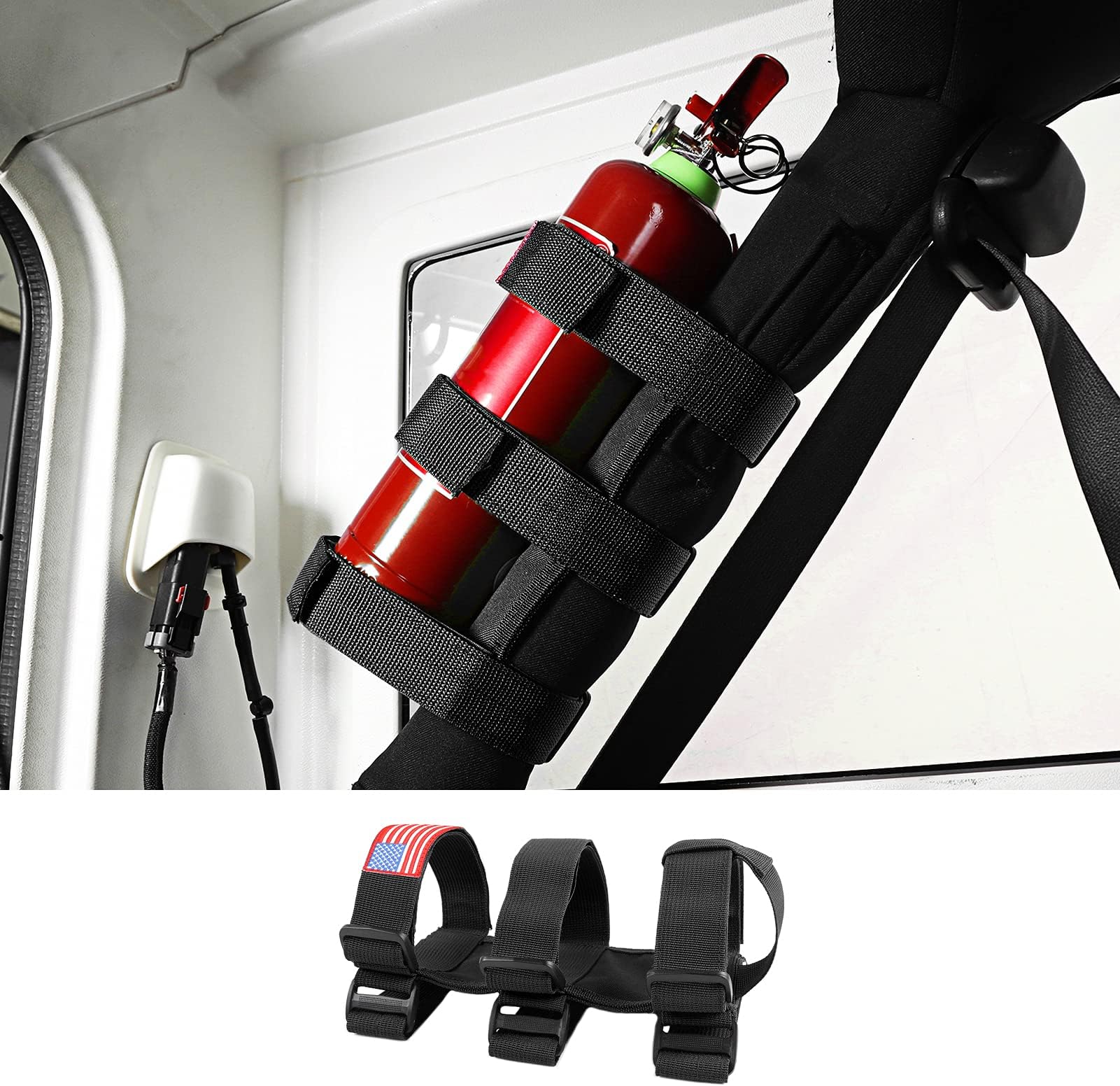 Hoolcar Roll Bar Fire Extinguisher Holder 2.5-3LB Adjustable Extinguisher Strap Mount for 1965-2021 Jeep Wrangler TJ CJ YJ JK JKU JL JLU JT, Black, 1PC
