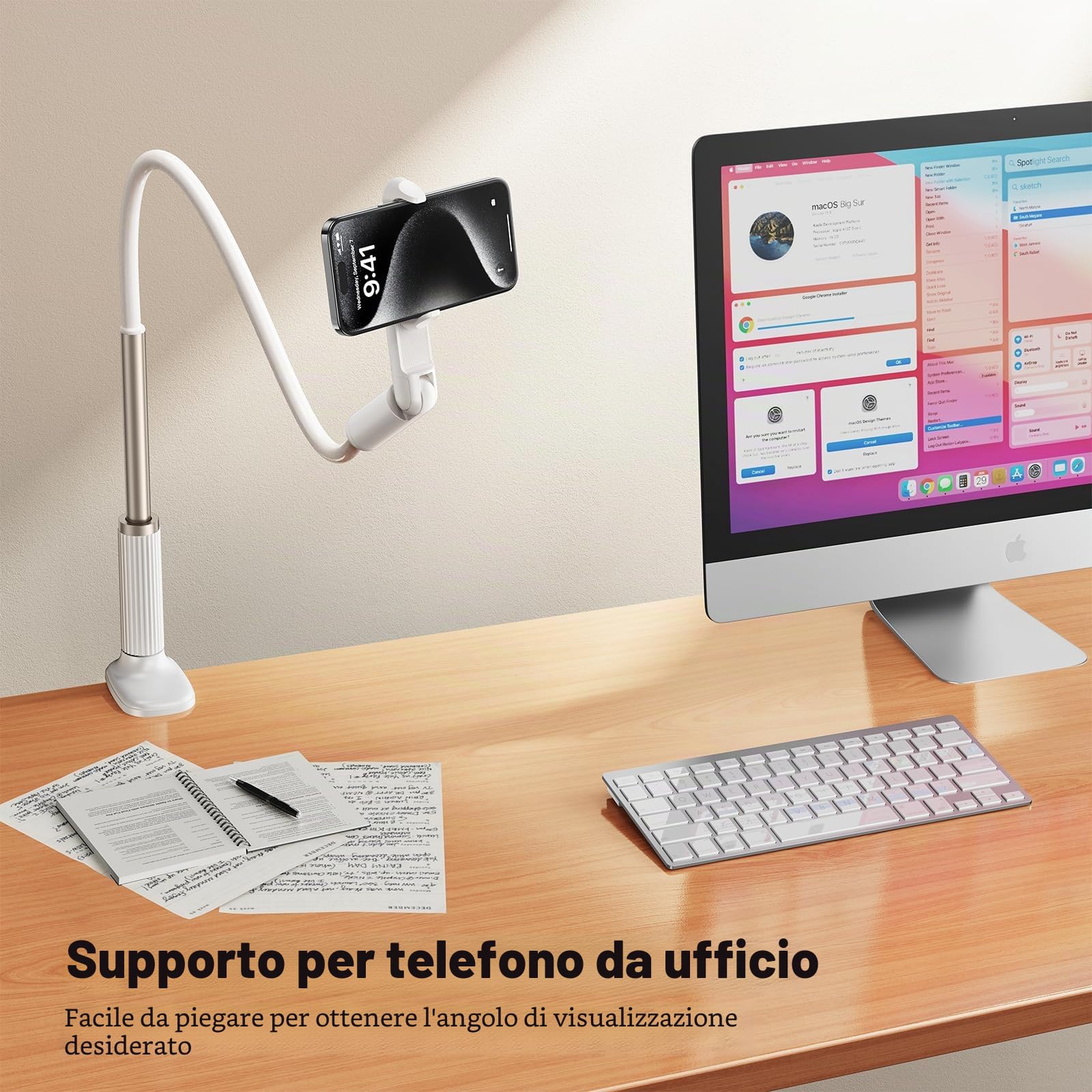 Supporto per telefono a collo di cigno per letto, supporto flessibile per telefono da scrivania, supporto per telefono lungo con mini morsetto girevole a 360°, larghezza 6,5 ~ 8 cm, compatibile
