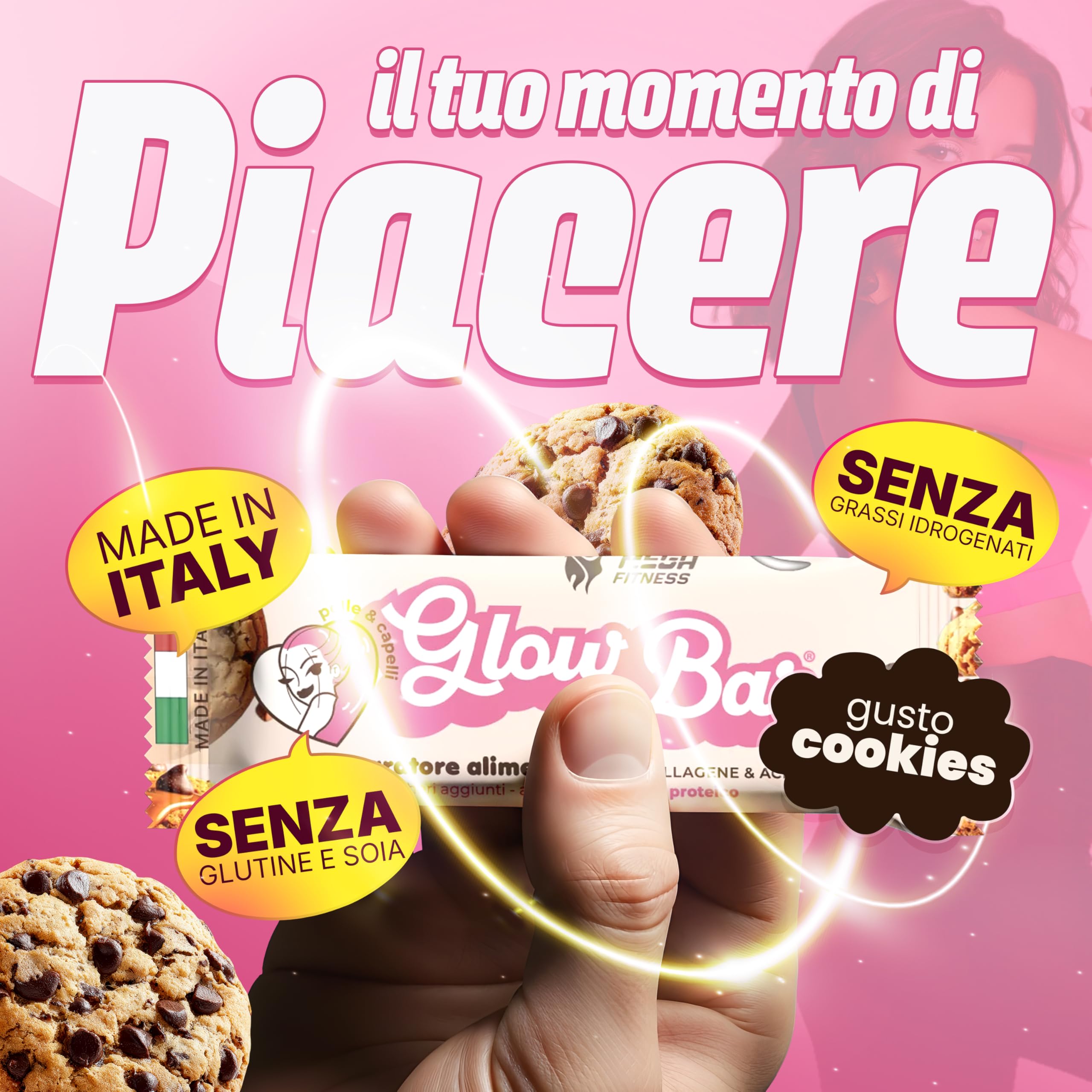 Taylor Mega Glow Bar – Peptidi di Collagene Idrolizzato e Acido Ialuronico – Barrette Proteiche Senza Zucchero al Cioccolato – Snack e Pasto Sostitutivo – 12 Barrette da 40g