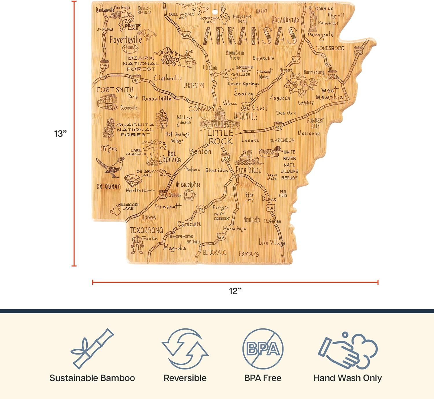 Totally Bamboo Destination Arkansas Shaped Cutting Board – Bamboo Charcuterie and Serving Board with Hang Tie for Wall Display