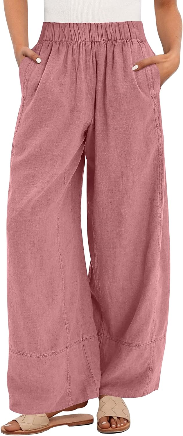 ANRABESS Women's Wide Leg Linen Pants Summer Boho Casual Elastic Waist Long Lounge Travel Pants Trousers with Pockets