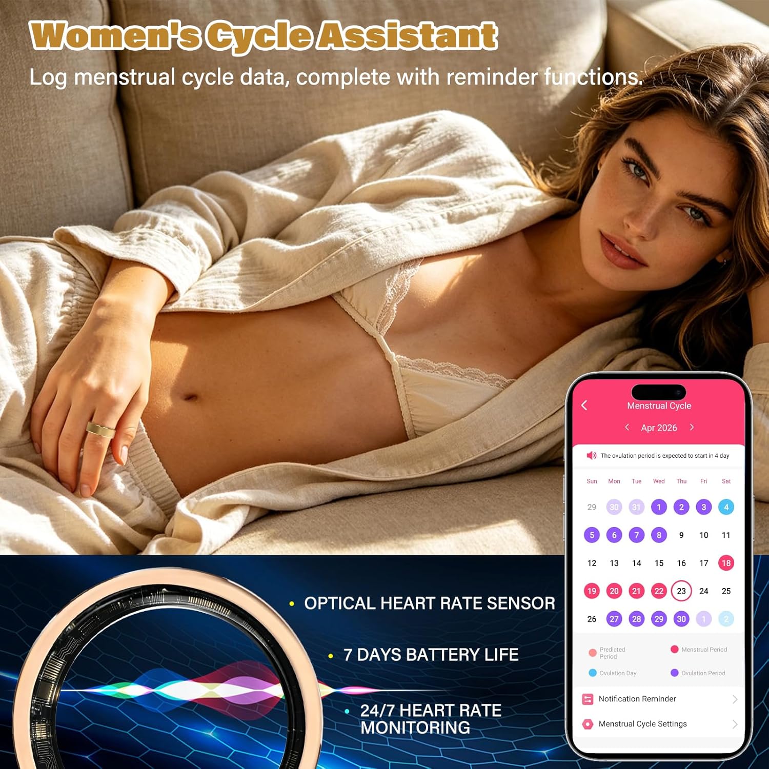 Smart Fitness and Activity Ring for Men and Women – Track Heart Rate, Sleep, Stress, Steps & More, Waterproof Fitness Tracker for iPhone and Android, No Subscription Fee, Gold 7#