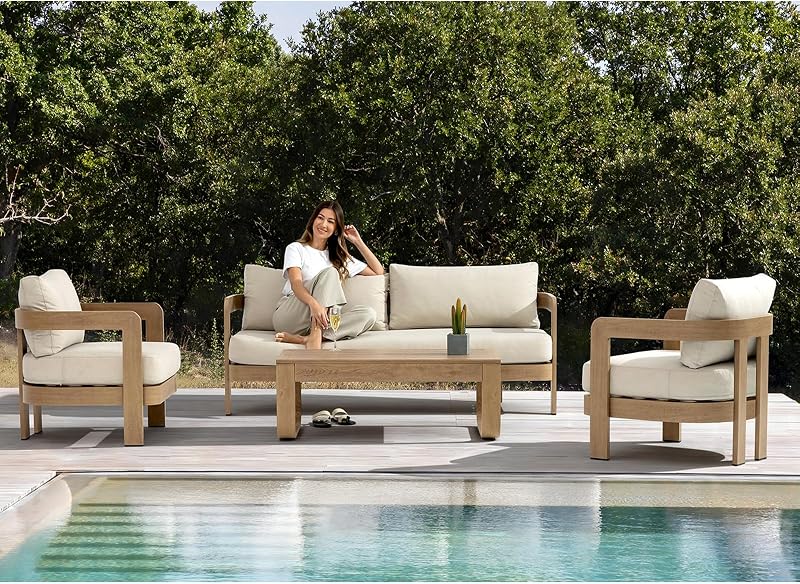 FHVIT 4 Piece Patio Furniture Set Aluminum Outdoor Conversation Sofa Set with Water Resistant Thick Cushions Outdoor Lounge Furniture for Patio, Balcony, Deck, Poolside Nature Wood image 4