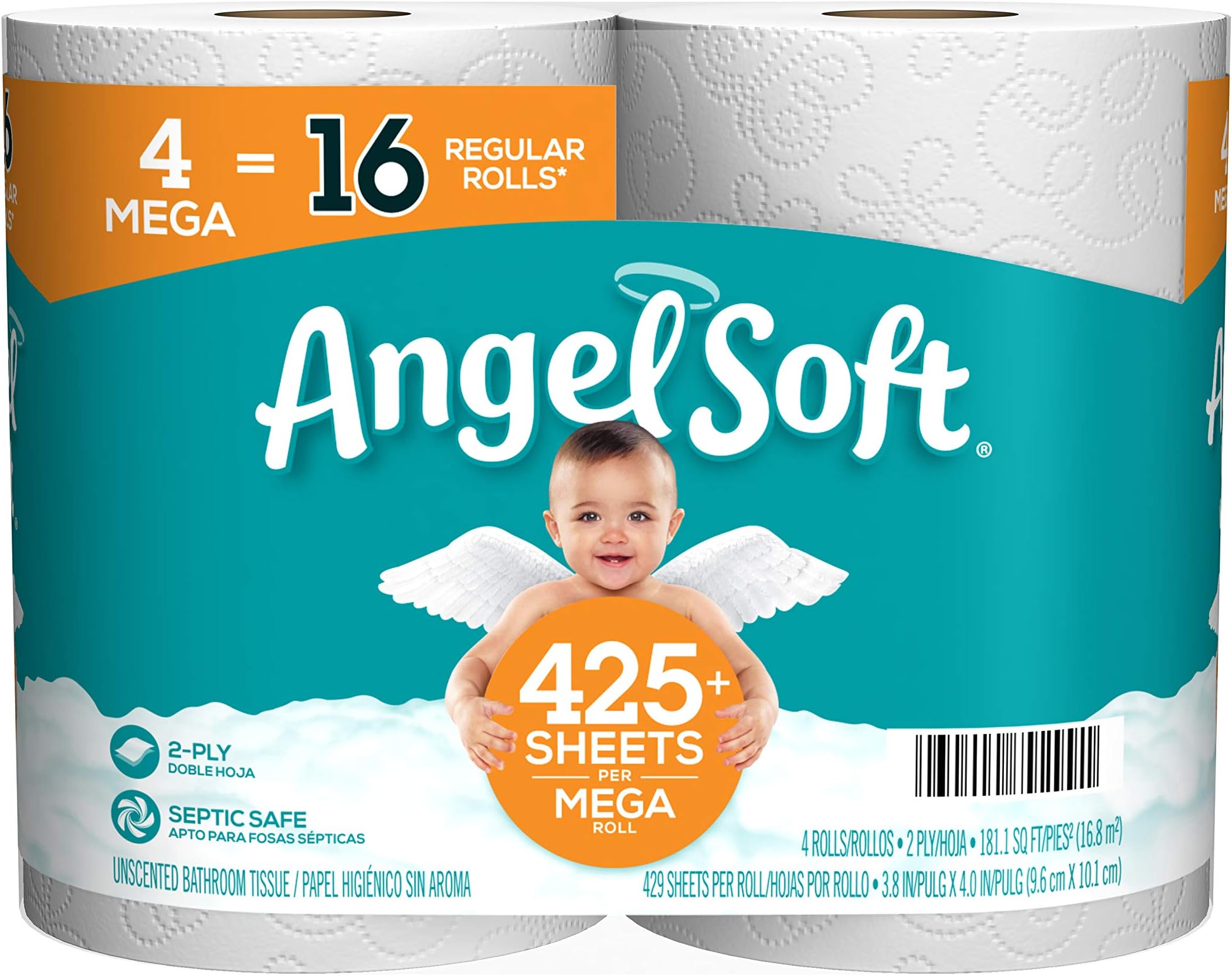 Angel Soft® Toilet Paper, 4 Mega Rolls = 16 Regular Rolls, 2-Ply Bath Tissue
