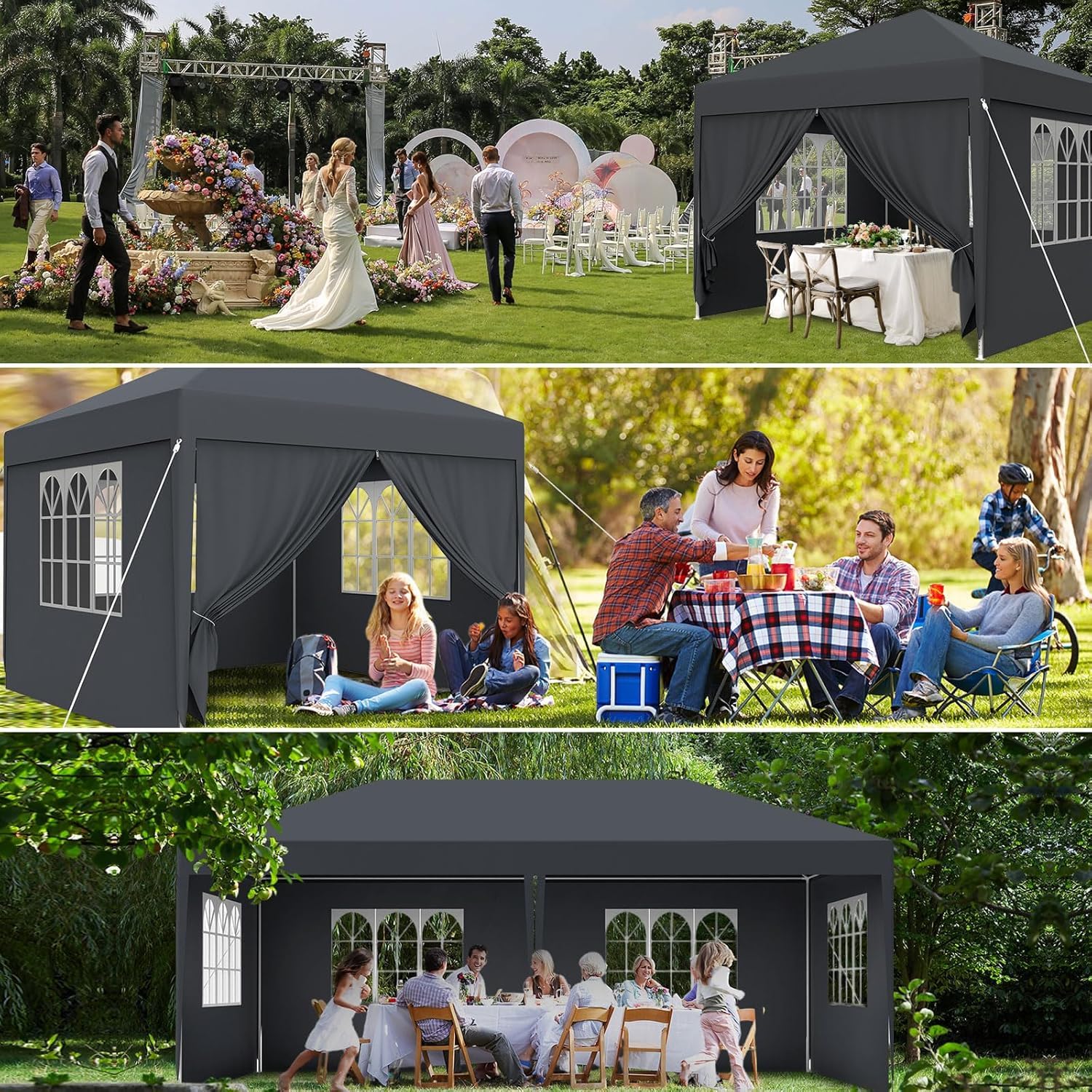 Tonnelle de Jardin Extérieur 3x6m Barnum Pliant Imperméable avec 4 Parois Latérales et Fenêtres,Robuste en Acier et Bâche PE, Idéale pour Camping, Fête, Réception, Marché (Anthracite,3x6m)