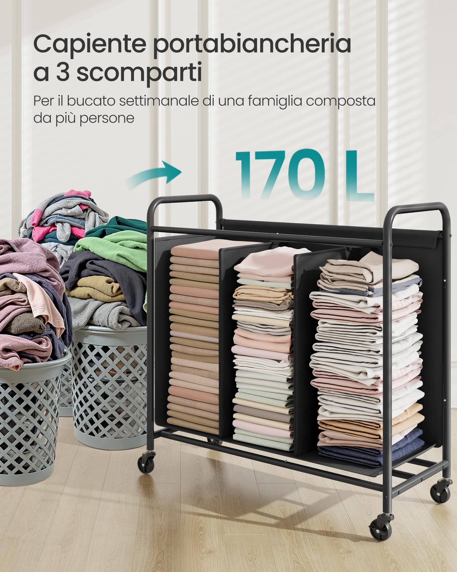 SONGMICS Carrello Portabiancheria, a 3 Scomparti, 170 L, con 5 Etichette | Cesto Porta Biancheria, per Lavanderia, Camera da Letto, Bagno, Nero Inchiostro, Collezione STEVIE RLS330B01