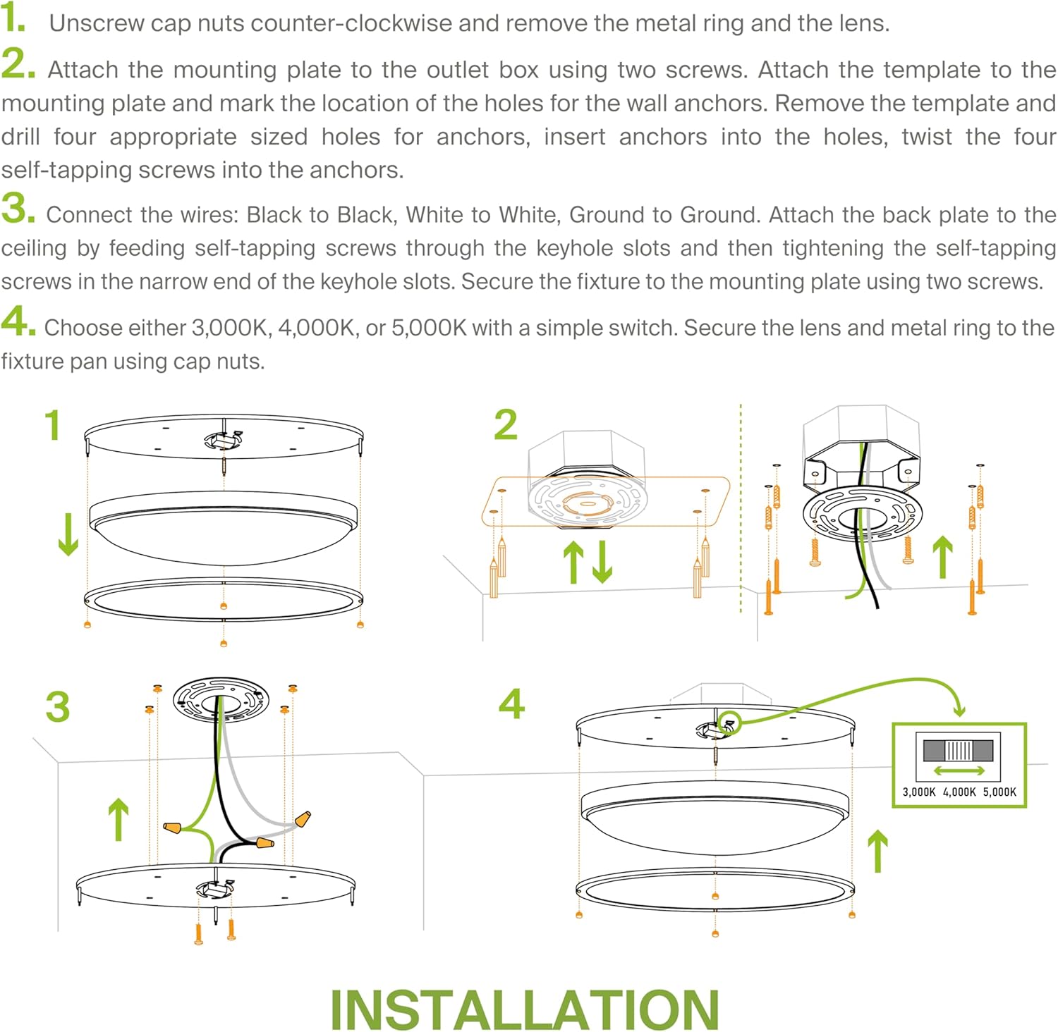 Diagram showing step-by-step installation of the light fixture