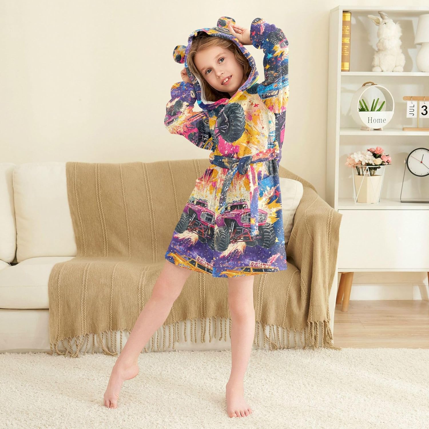 Monster Truck Cars Galaxy Space Stars Bathrobe Hooded PJ Robe Soft Fleece Robe Pajama Sleepwears 2-12 Years