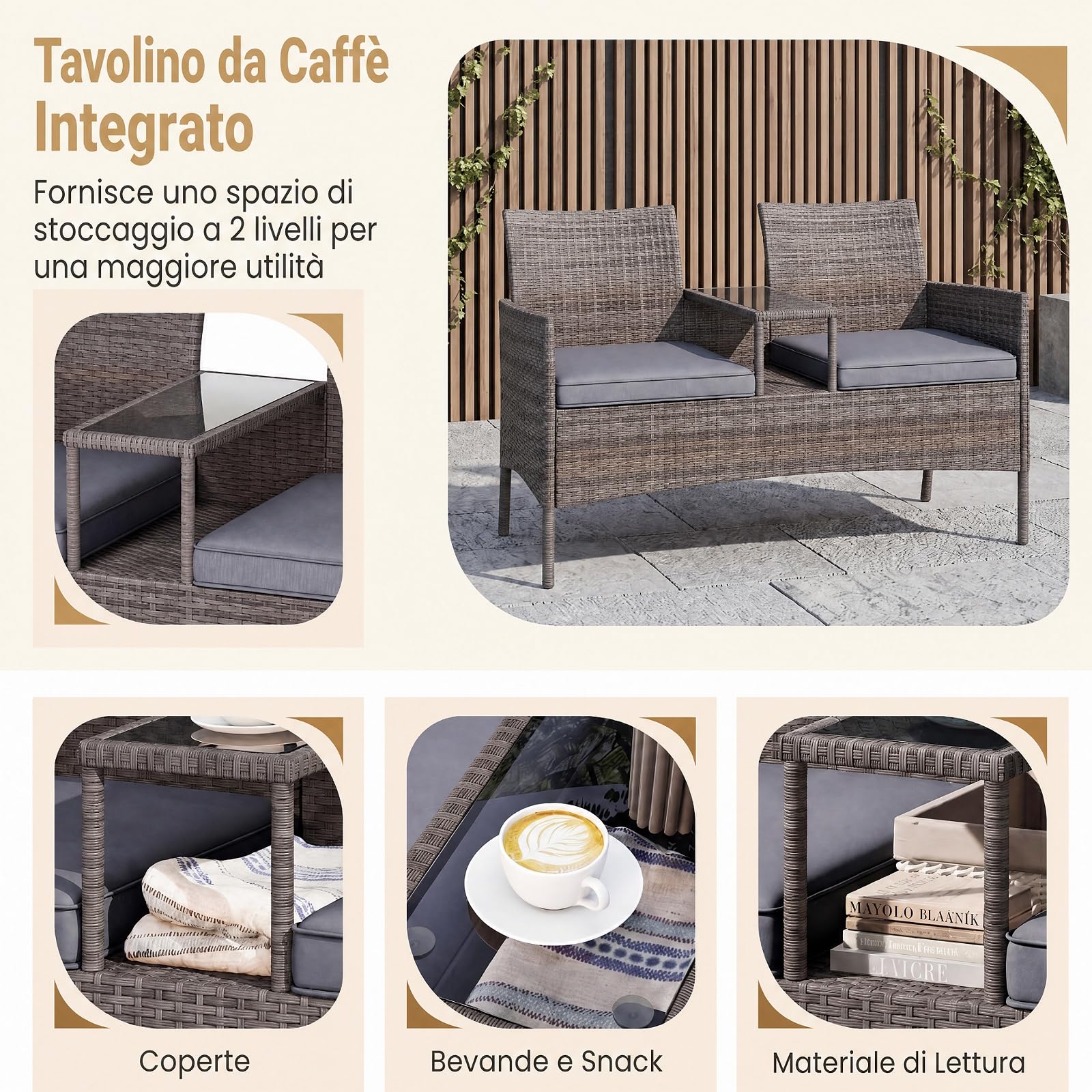 SOARS Panchina da Giardino 2 Posti, Divanetto da Esterno in Rattan con Tavolino in Vetro Temperato Integrato e Cuscini Rimovibili, Salotto da Giardino Esterno per Balcone e Piscina, 124 X 62 X 84 CM