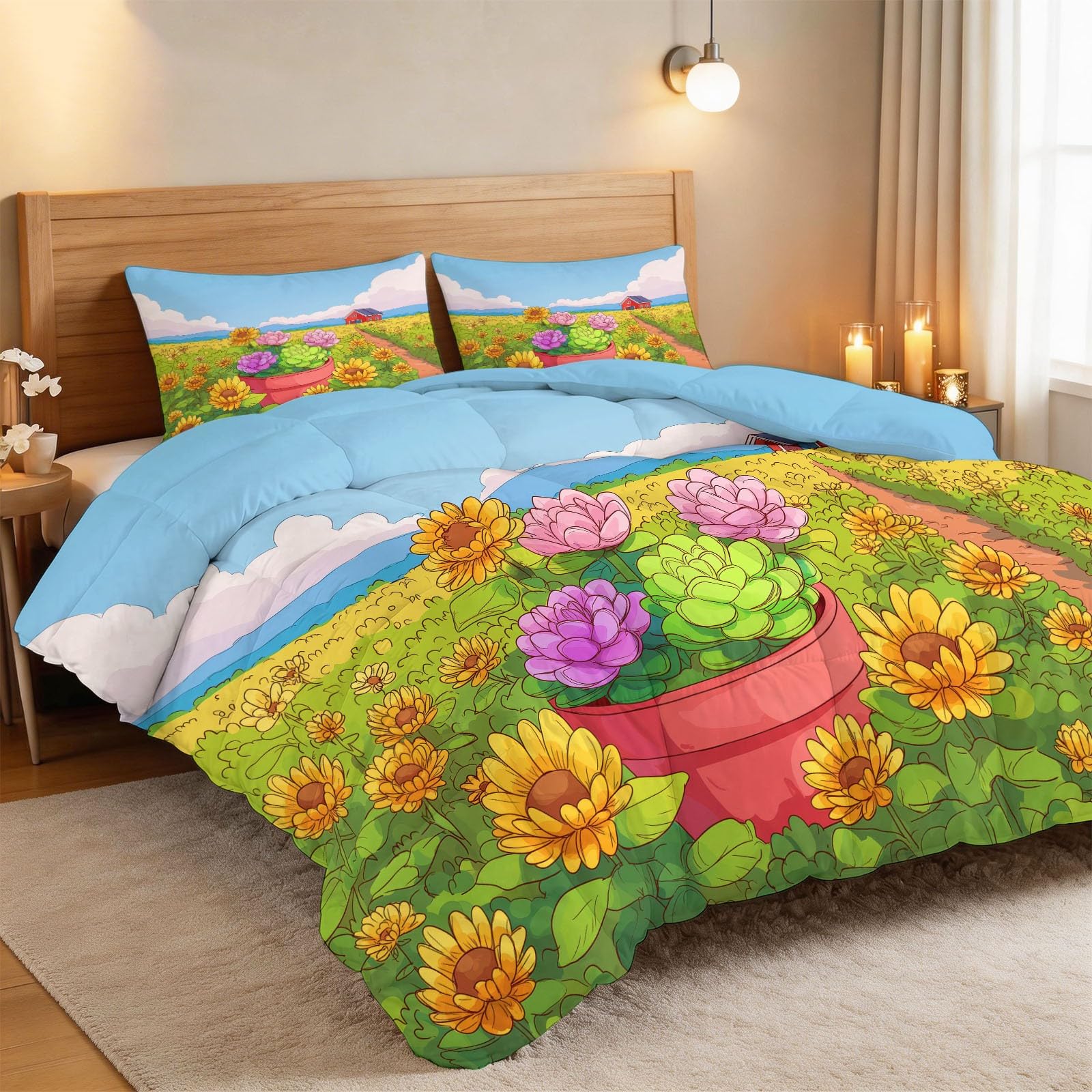 Generisch Sonnenblumenfeld Scheune Bettdecke 220 x 240 cm 4 Jahreszeiten Steppdecke, Cartoon Waschbare Ganzjahresdecke Kinder Bettwaren Set Kinderzimmer Schlafzimmer Bettdecke Ohne Bezug