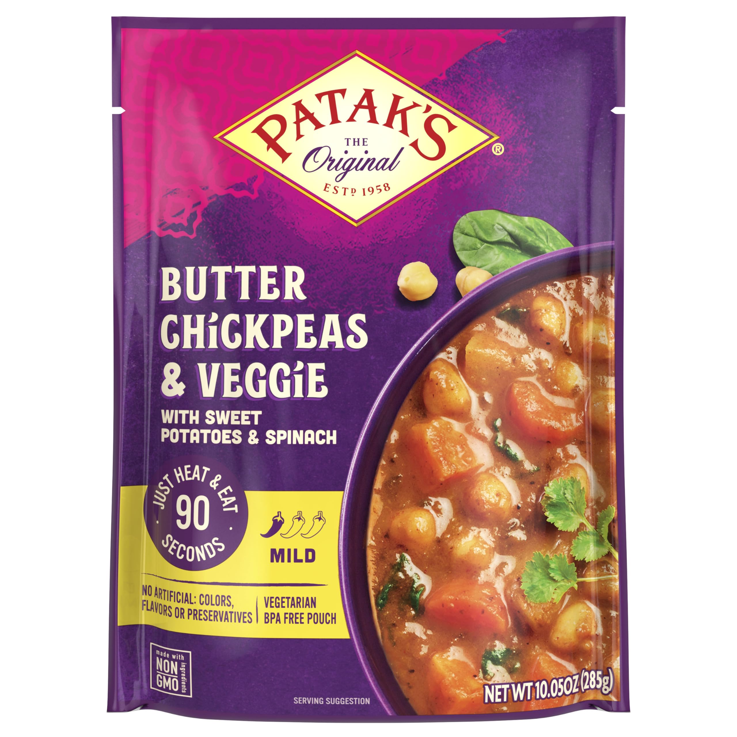 Patak's Butter Chickpeas & Veggies, 10.05 Oz (Pack of 1) Mild Curry with Chickpeas, Spinach, Carrots, Ready to Heat Vegetarian Meals