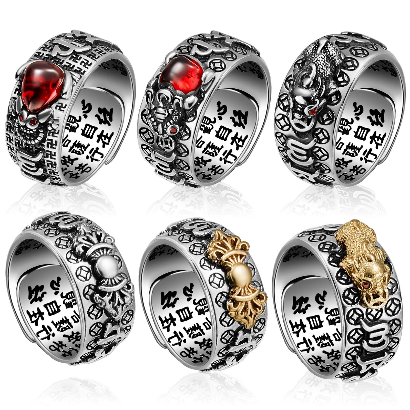 Henoyso6 Pieces Silver Pixiu Ring Silver Feng Shui Pixiu Ring Amulet Lucky Wealth Jewelry Adjustable Ring for Women Men