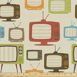 Ambesonne Vintage Fabric by The Yard, Old Televisions Pattern in Retro Colors Antenna Electronics Entertainment Nostalgic, Decorative Fabric for Upholstery and Home Accents, 2 Yards, Dark Cream