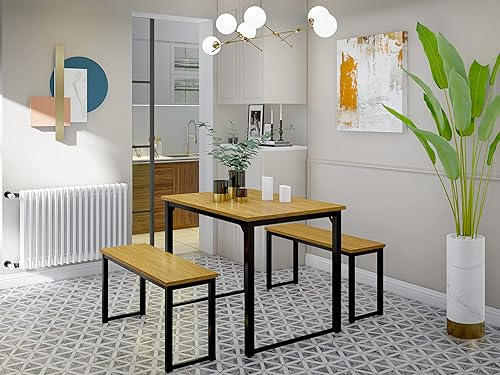 East West Furniture Parmer - Juego de comedor con marco de metal de 3 piezas para espacios pequeños que contiene una mesa rectangular y 2 bancos, 43