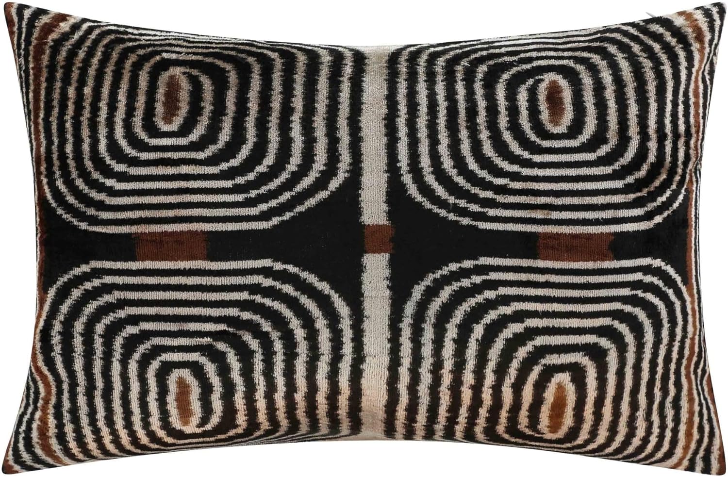 CANVELLO Handmade Velvet Throw Pillow in Black and White Geometric Labyrinth Design - 16"x24" Decorative Accent with Down Feather Insert for Modern and Contemporary Interiors