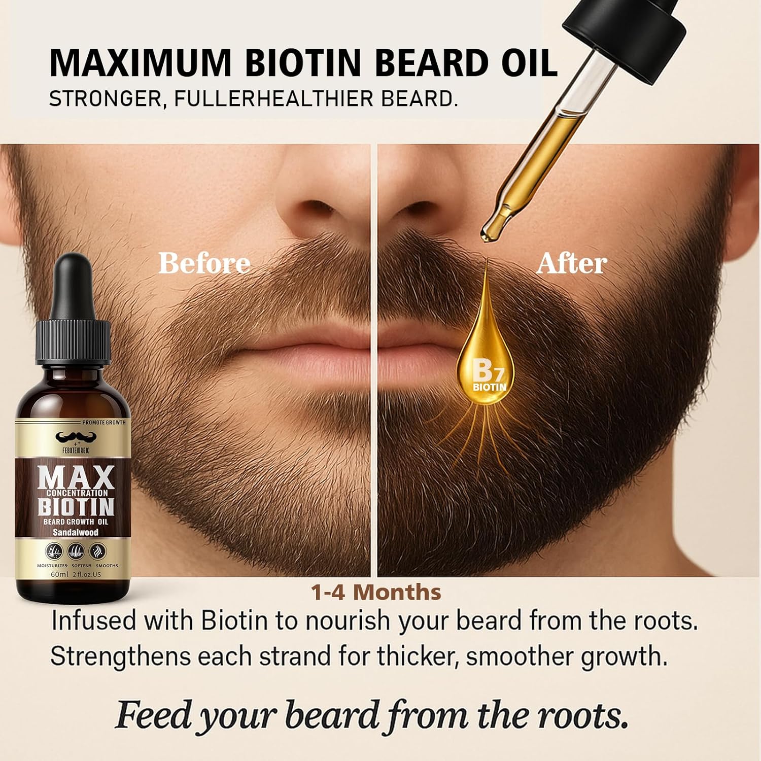 Biotin Beard Oil for Men Set – 2 Pack Unscented & Sandalwood Beard Oil Blended with Castor & Grape Seed Oil for Thicker, Softer, Moisturizing Beard – Gift for Father, Husband, Boyfriend – 4 oz - Image 4