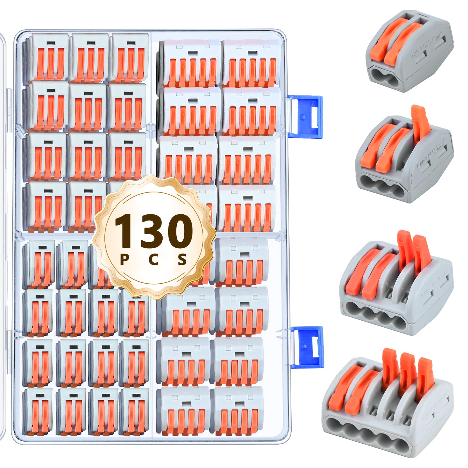 Preciva 130PCS Lever Wire Connectors Kit, 2 3 4 5 Port Compact Electrical Terminal Blocks, Reusable Spring Connectors for Solid Wire (28-12 AWG) & Stranded Wire (28-14 AWG) - Home Electrical Wiring