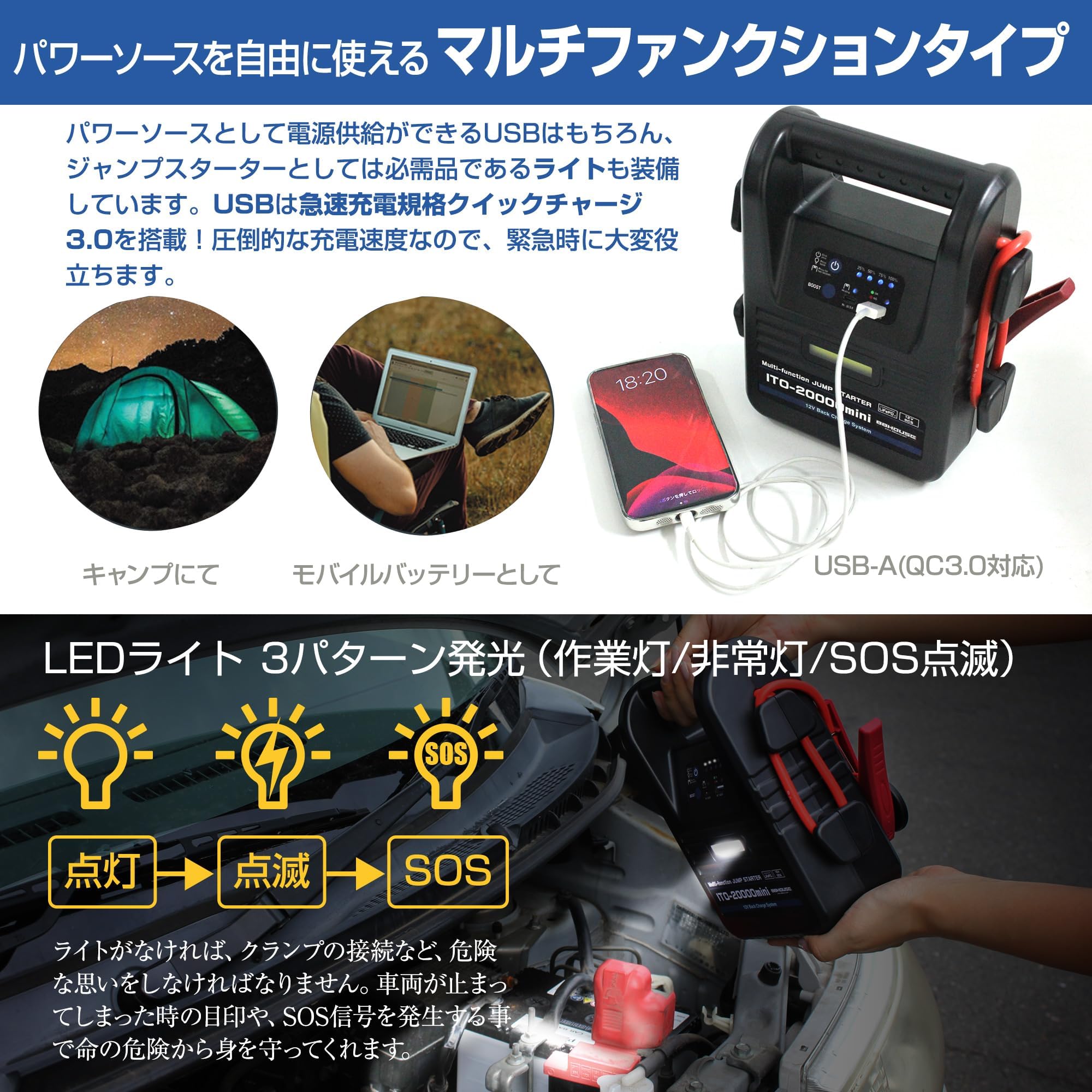 Amazon | 88HOUSE ジャンプスターター 12V 大容量 修理対応可 20000mAh