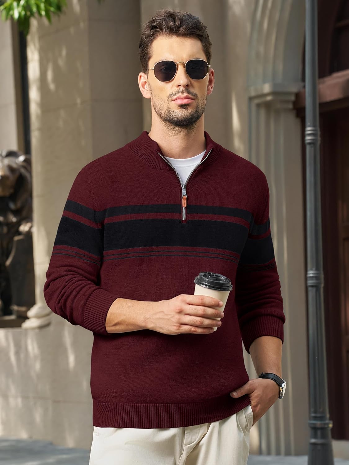 MAGNIVIT Men's Sweater Quarter Zip Striped Pullover Fall Winter Spring Color Block Polo Sweatshirts - Image 3