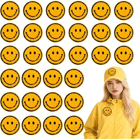 30PCS Bulk Iron on Patches,Iron on Smiley Face Patch for Hats,Clothing,Jeans(Yellow)