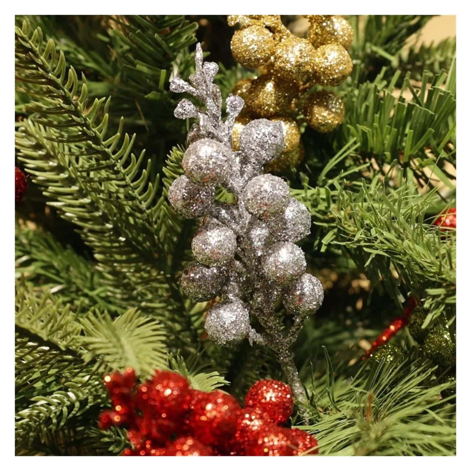 Ramo de ramas con bayas artificiales, Tallos De Bayas Artificiales Con Purpurina En Polvo Dorado, Multicolor, 23,5 Cm, ​​Paquete