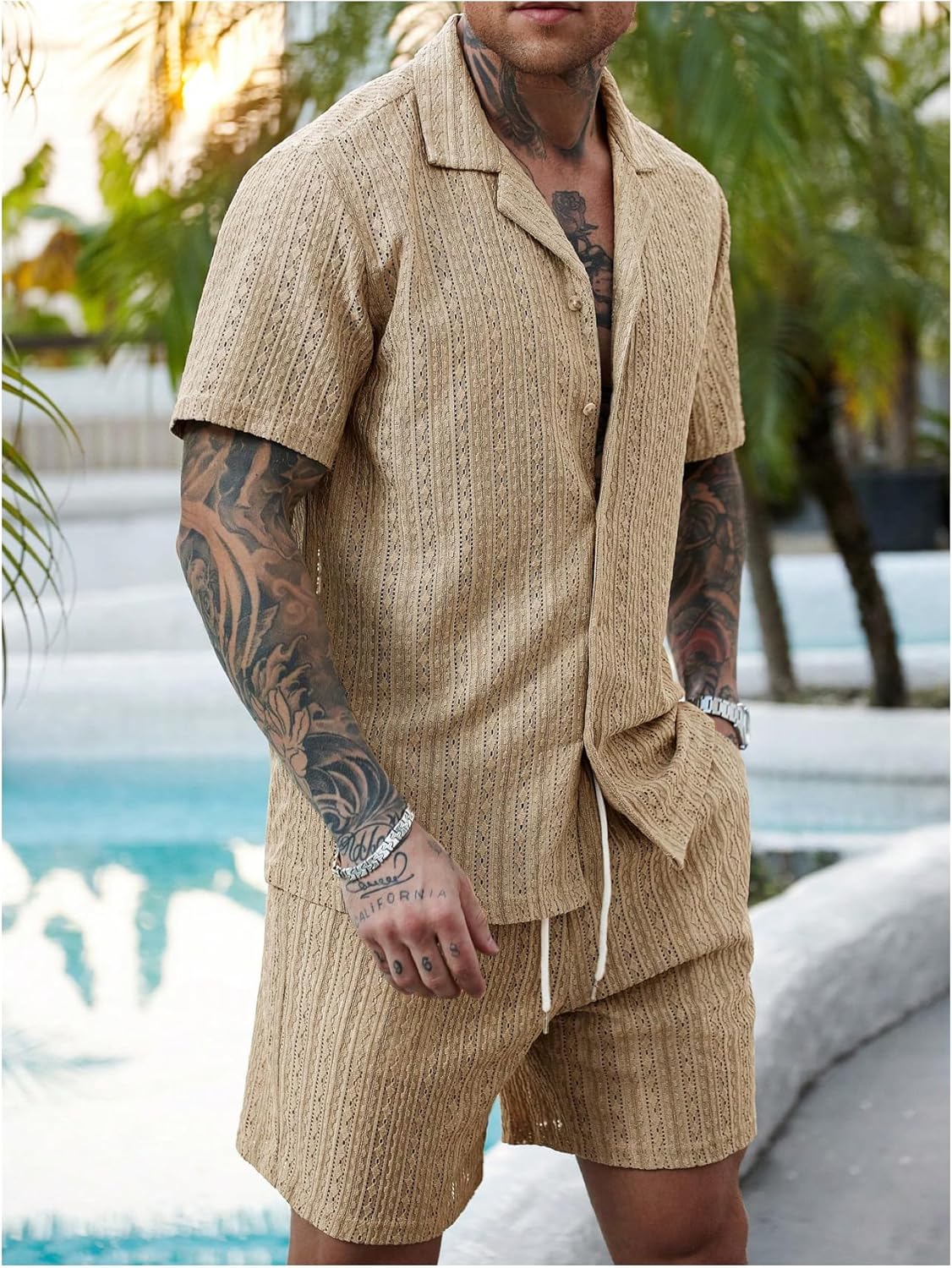 Men's 2 Piece Outfits Textured Button Down Shirts and Drawstring Waist Shorts Sets with Pocket