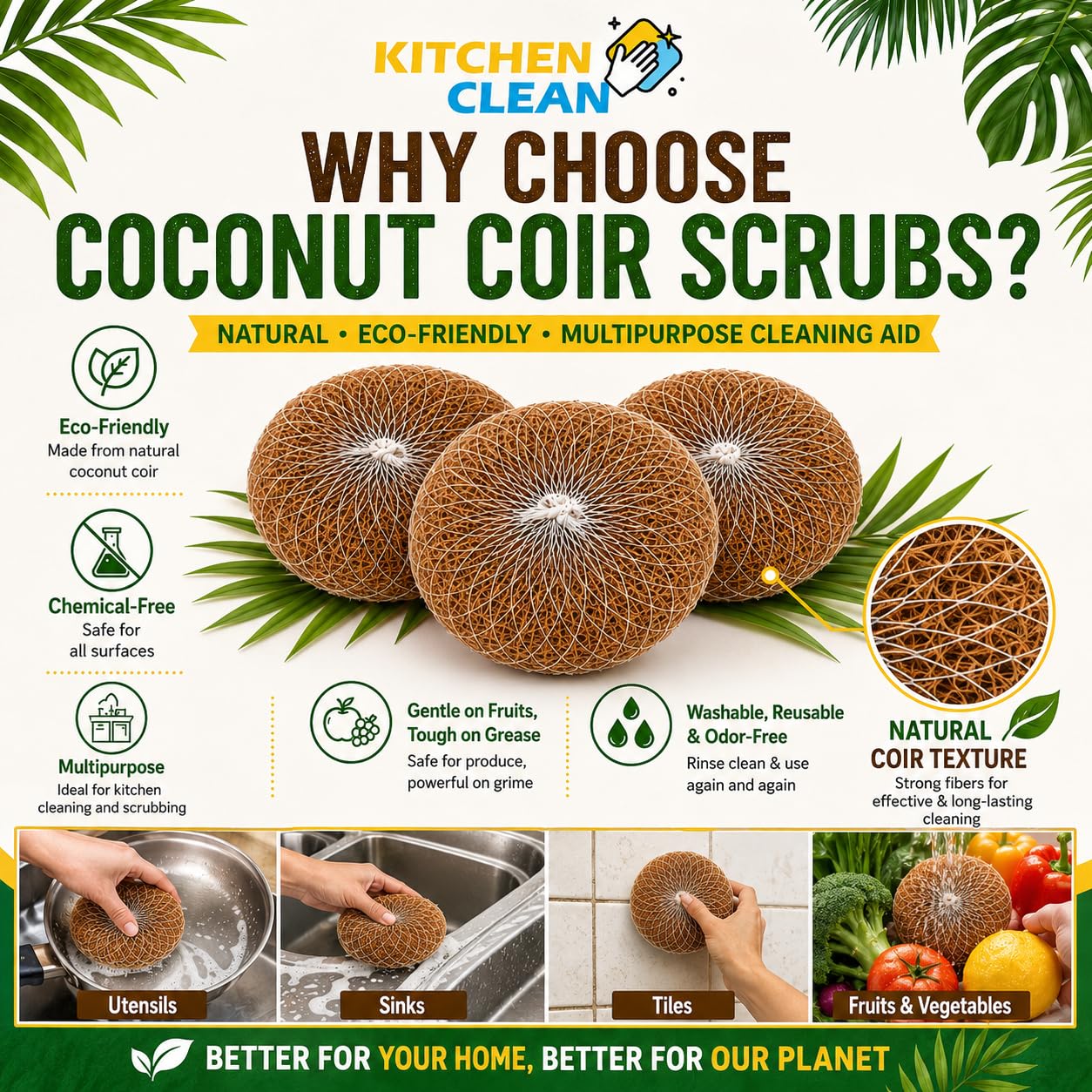 Kitchen Clean™ Soft Circular Coconut Coir Scrub for Multipurpose Use | Chemical-Free Nariyal Juna | Eco-Friendly Natural Kitchen Scrubber (Pack of 2) 2