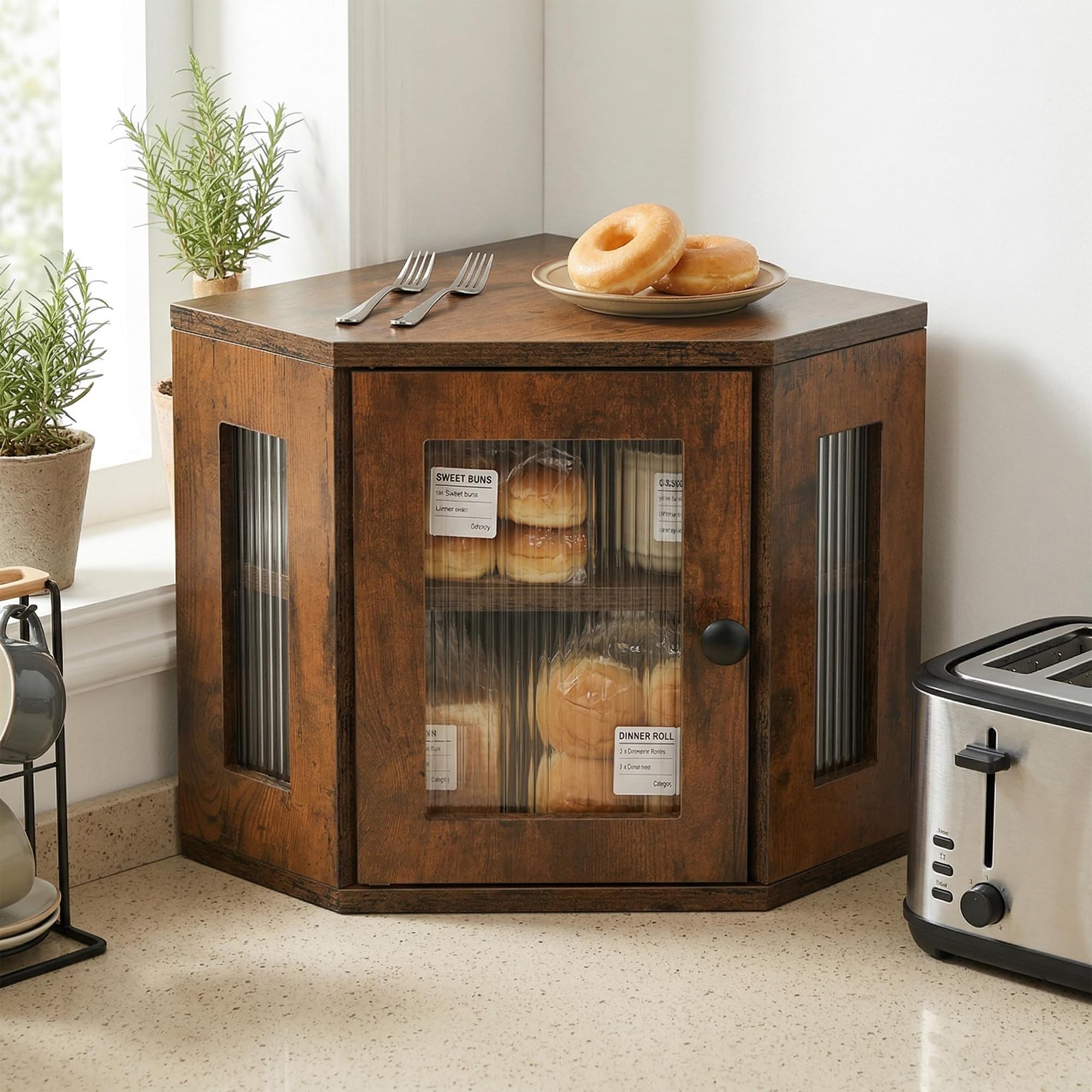 Portapane Angolare 32x32x35cm, Mobile Contenitore Cucina con Mensola Regolabile, Porta Acrilica Trasparente, Finitura Effetto Legno, Risparmio Spazio, Design Rustico Moderno