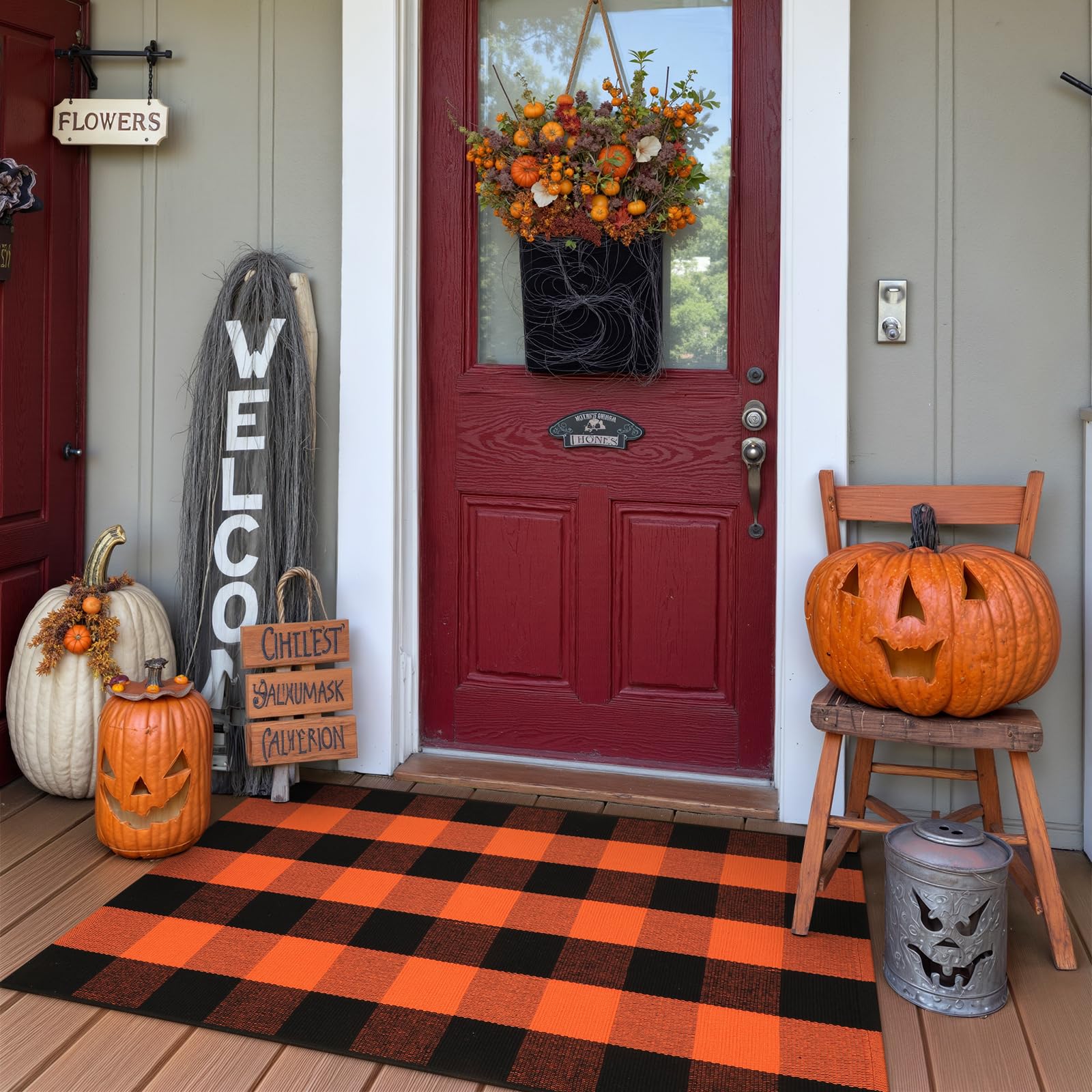 Collive Buffalo Plaid Checkered Outdoor Rug, Black and Orange Halloween Fall Decor Door Mat, Washable 27.5x43 Inches Front Porch Rug, Layered Welcome