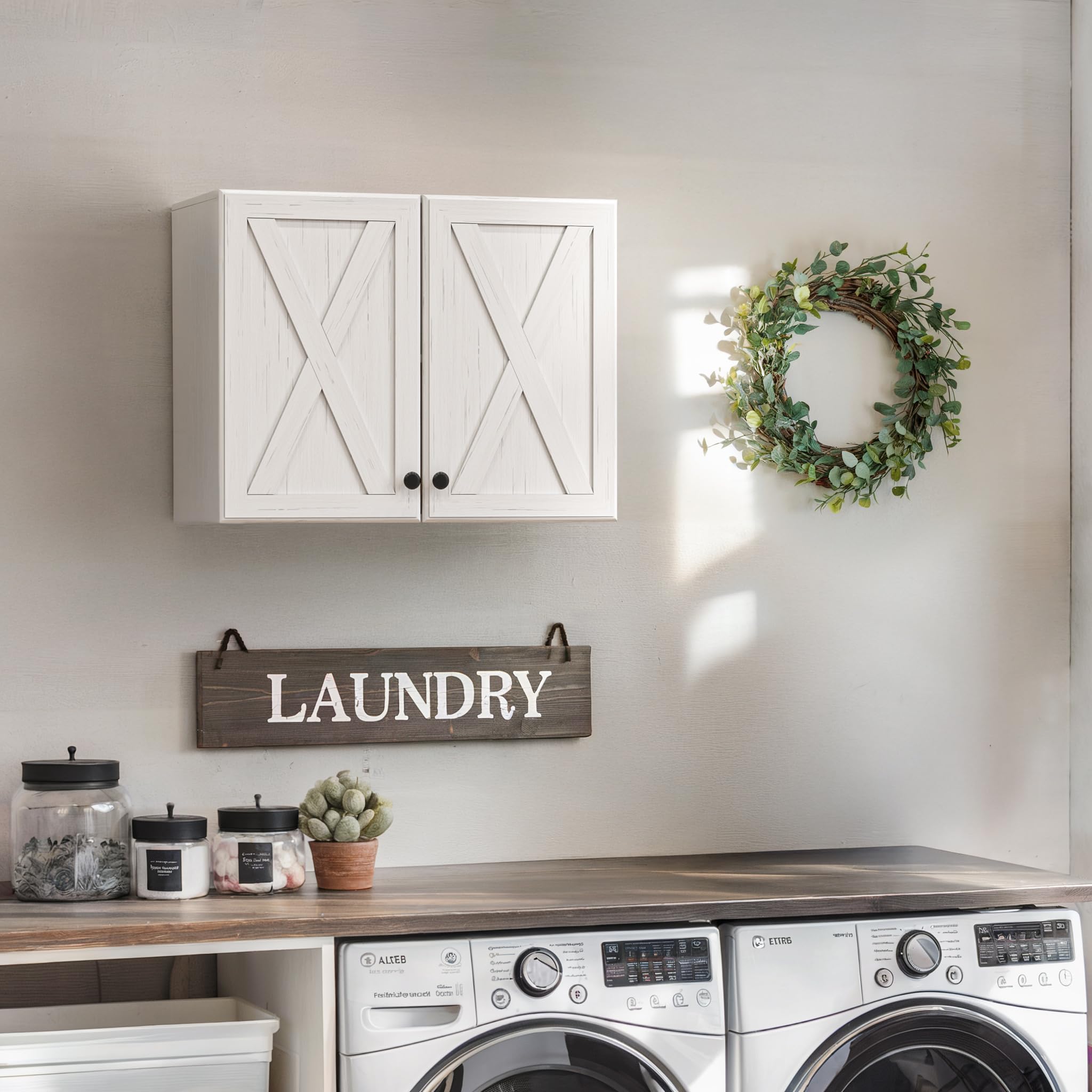 fimello laundry room wall cabinets,farmhouse wall mounted cabinets for kitchen garage laundry storage, medicine cabinet with 2 door and shelf, bathroom wall cabinet, white