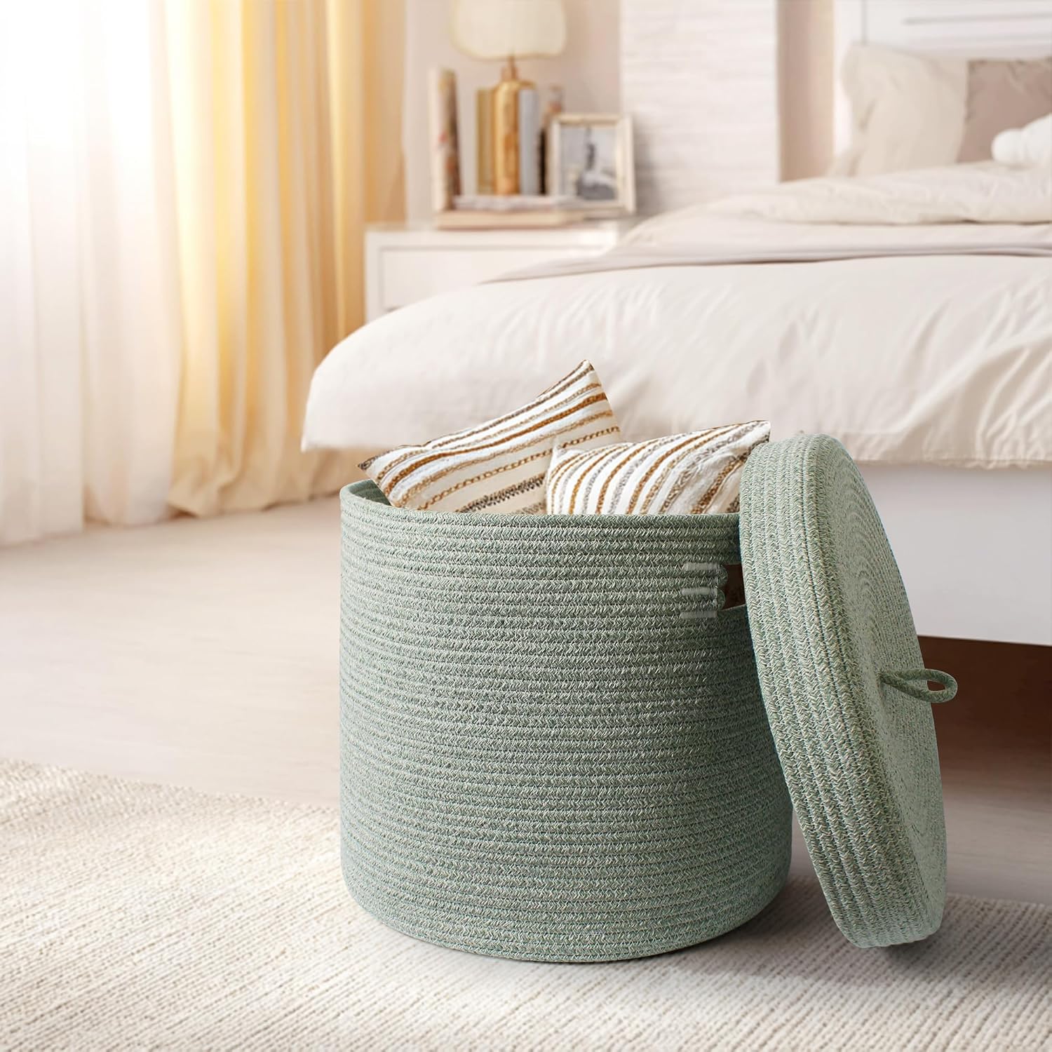 Storage Basket with Lid, Woven Blanket Storage for Living Room, Cotton Rope Bin with Lid, Round Wicker Laundry Basket with Cover, Lidded Kid Dog Toy Box, Nursery Organizer, 15"x13", Green