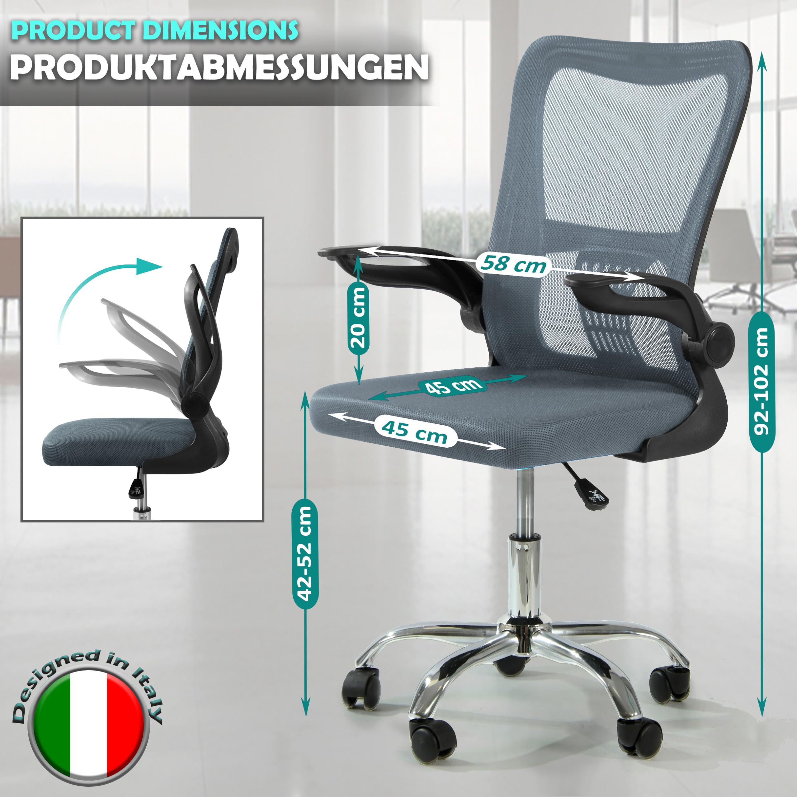sesto senso Kinderschreibtischstuhl Bürostuhl Dunkelgrau mit Rollen und Armlehnen 1pack