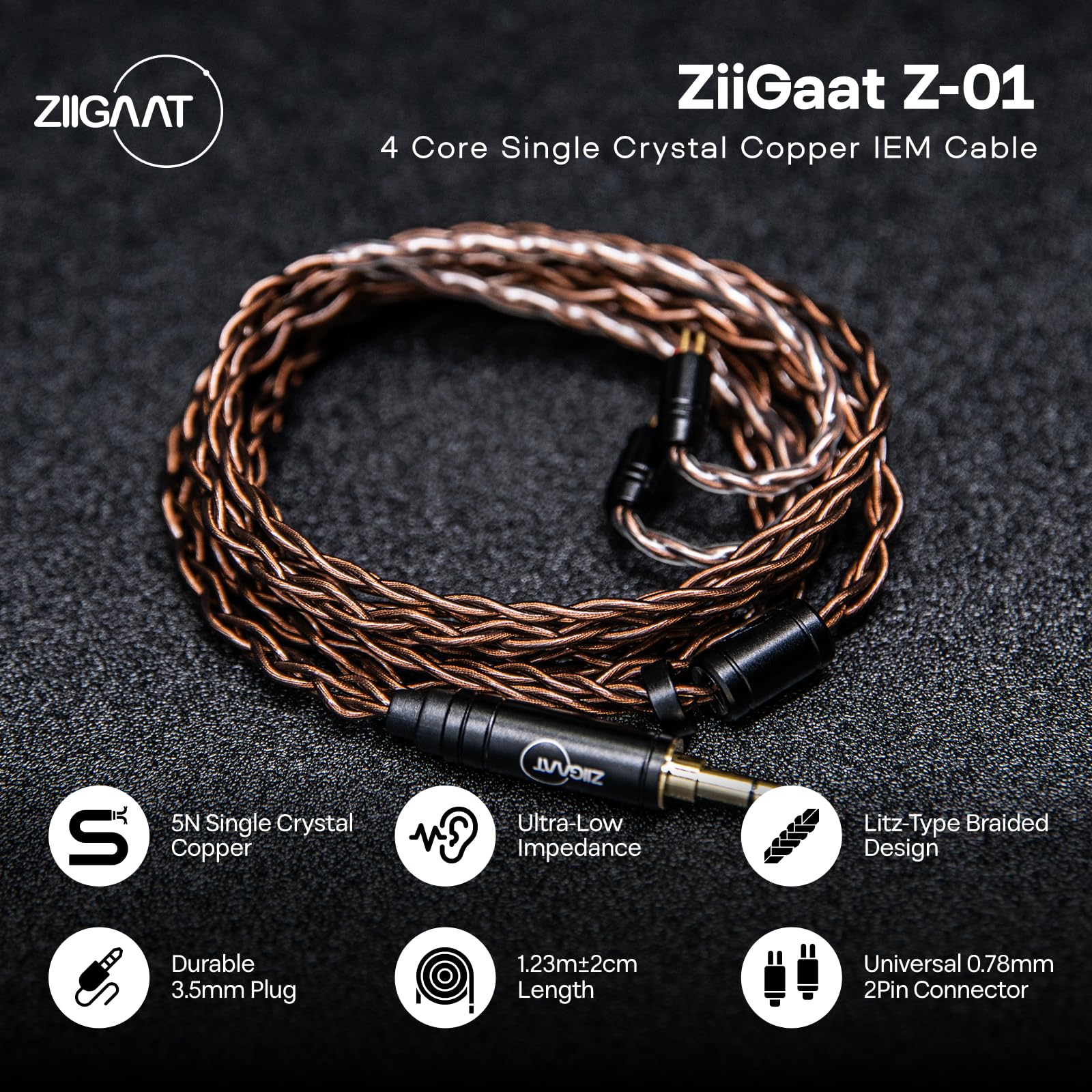 Linsoul ZiiGaat Z-01 Kabel IEM, 4-żyłowy przewód z miedzi monokrystalicznej z wtyczką 3,5 mm, odłączane złącze 2-pinowe 0,78 mm do przewodowych słuchawek HiFi Zero:2, EW300, Cadenza, Kefine, WanerSG