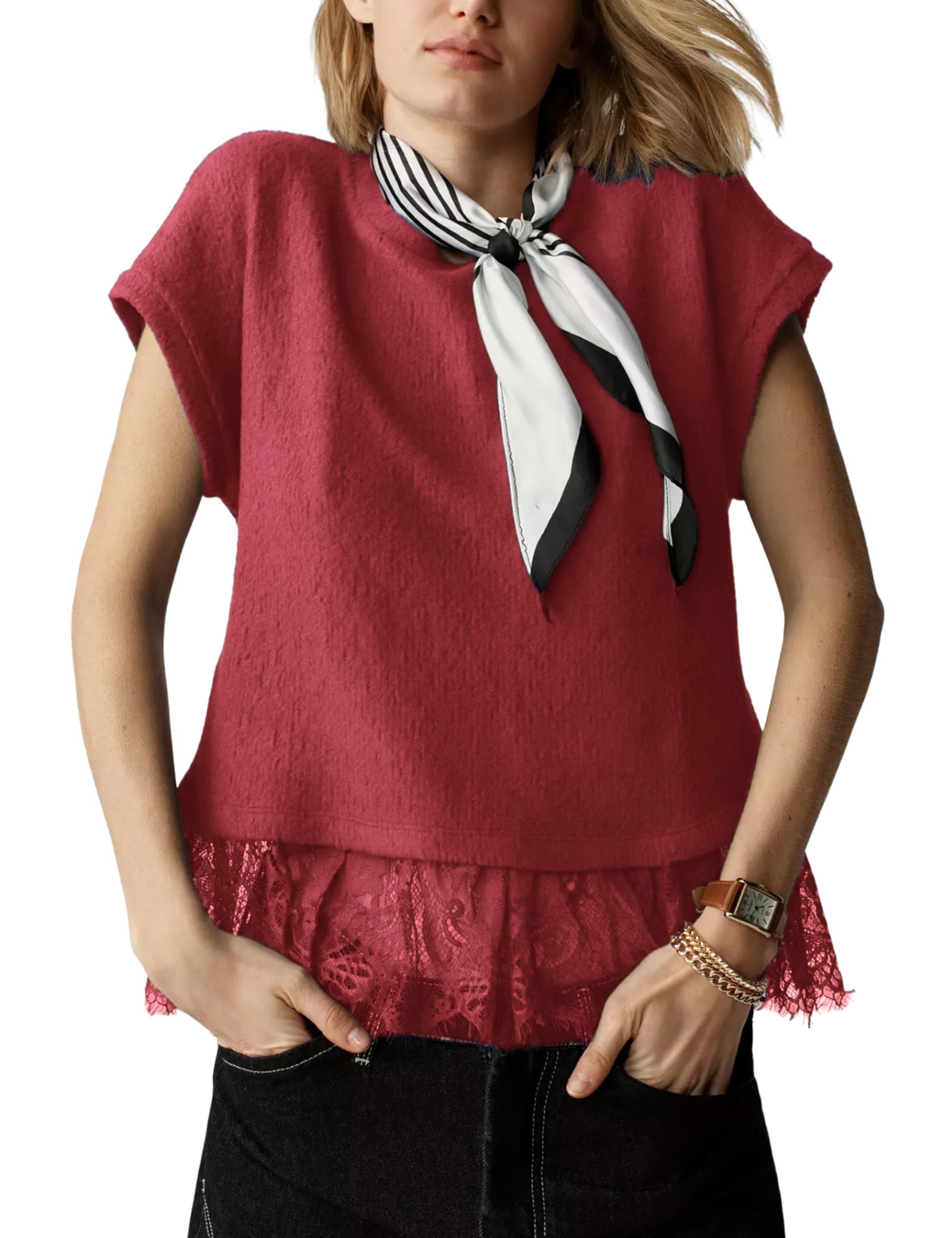 Yeokou Womens Lace Sweater Short Sleeve Knit Tee Top Casual Round Neck Ruffled Trim Textured Spring Summer Daily