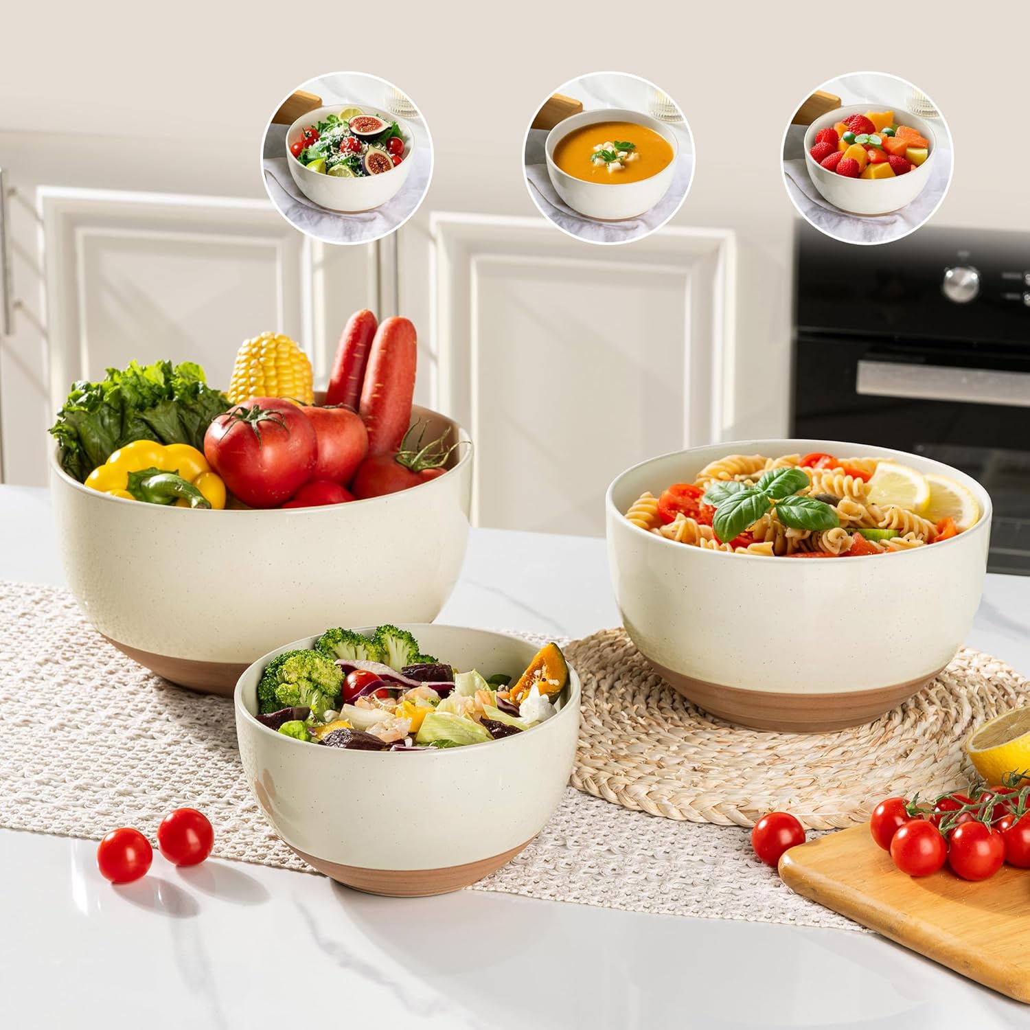 AmorArc Ceramic Mixing Bowls|Nesting Bowls Set of 3 for Kitchen|Stoneware Serving Bowls with Rustic Terracotta Underside for Mixing,Cooking,Baking,Salad| Microwave & Dishwasher Safe 4.6/2.8/1.3 Qt