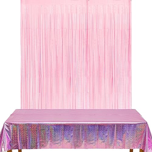 GREATRIL Cortinas de flecos de papel de aluminio rosa pastel, 2 paquetes y manteles de fiesta rosa, 2 paquetes para decoración de fondo de fiesta