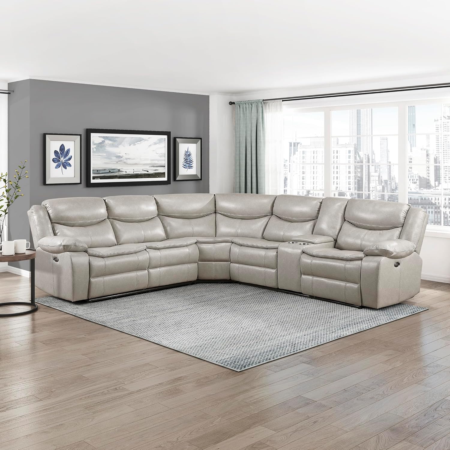 Lexicon L-Shaped Power Reclining Sectional Couch, Faux Leather Reclining Sectional Sofa, 3 Recliners, Wall Hugger, Right Storage Console, Cup Holders, Receptacles, Charging Ports, Silver Gray