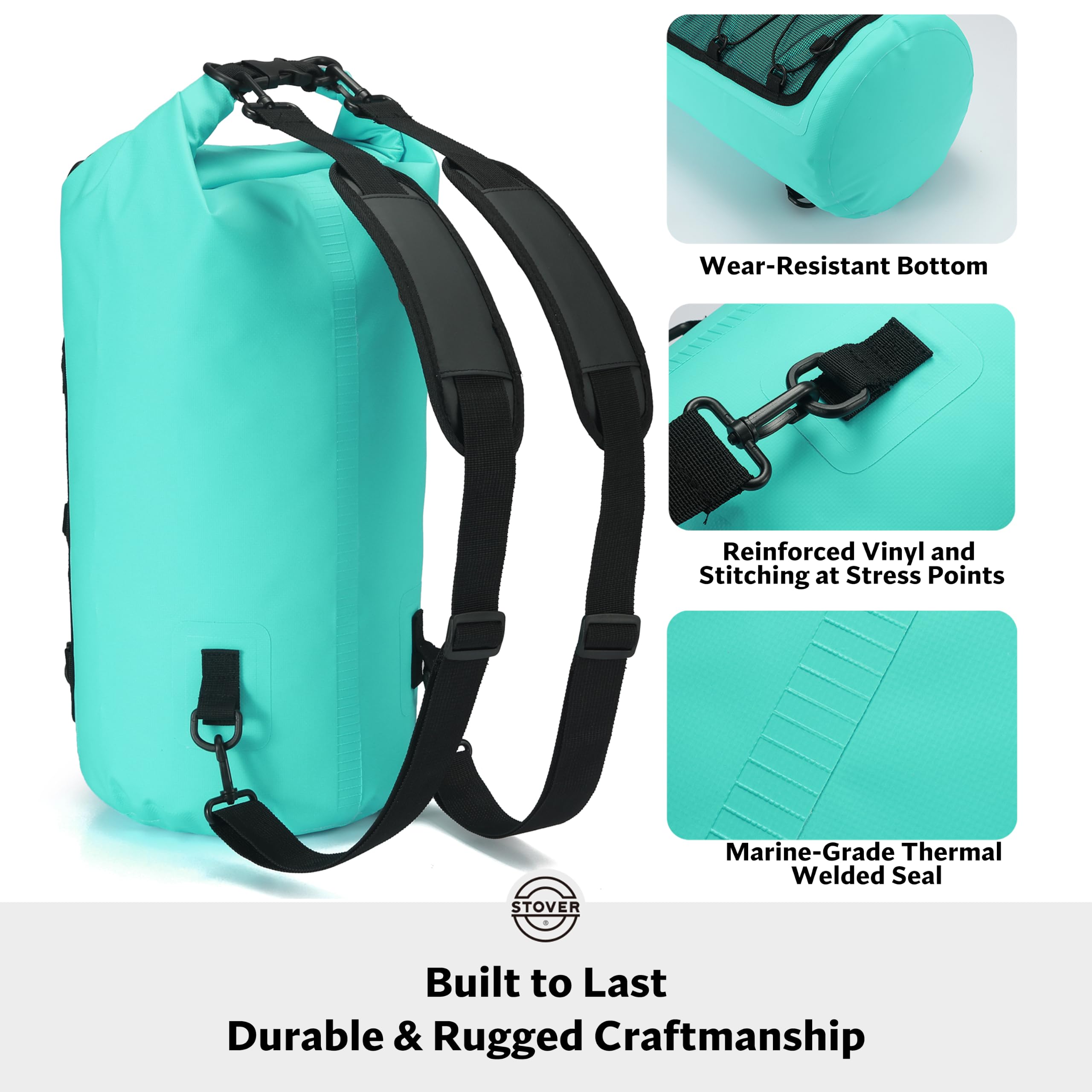 STOVER Mochila y funda para teléfono impermeables, bolsa estanca flotante, mediana, resistente, cierre enrollable, unisex, para kayak, viaje, pesca, acampada, moto, playa, 5/10/25/30/40/55 L, turquesa