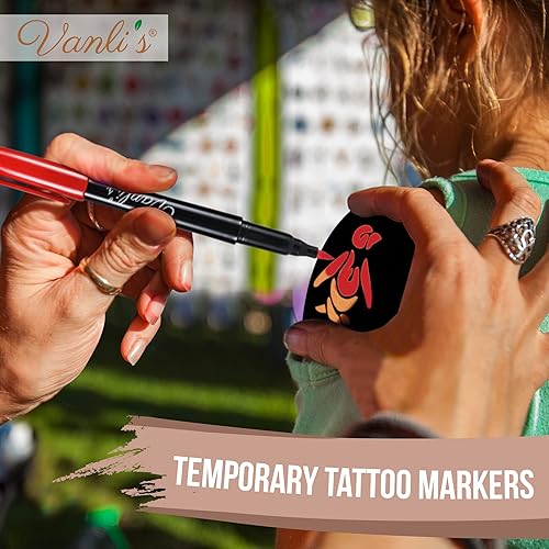 Miniatura 5 de Vanli's Marcadores temporales de tatuaje para piel con 30 plantillas de tatuaje únicas. Bolígrafos de tatuaje negros, rojos y marrones para piel