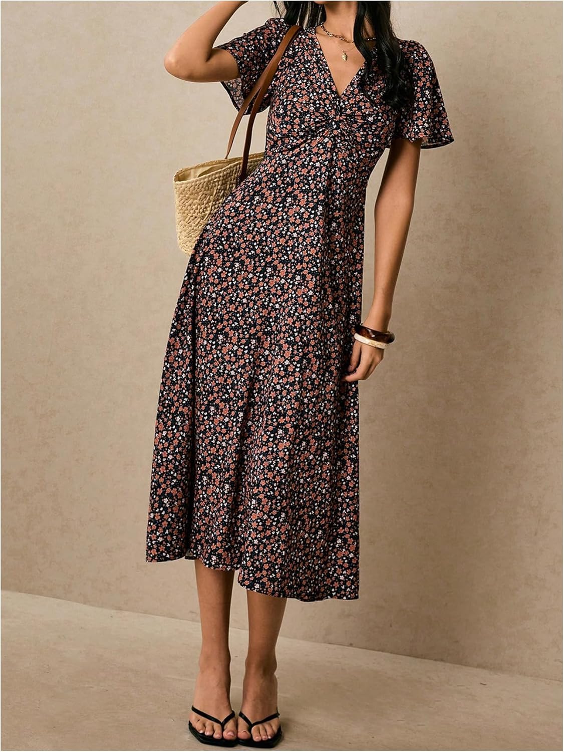 WDIRARA Women's Floral Twist V Neck Midi Dresses Short Sleeve Flowy Aline Dress - Image 5