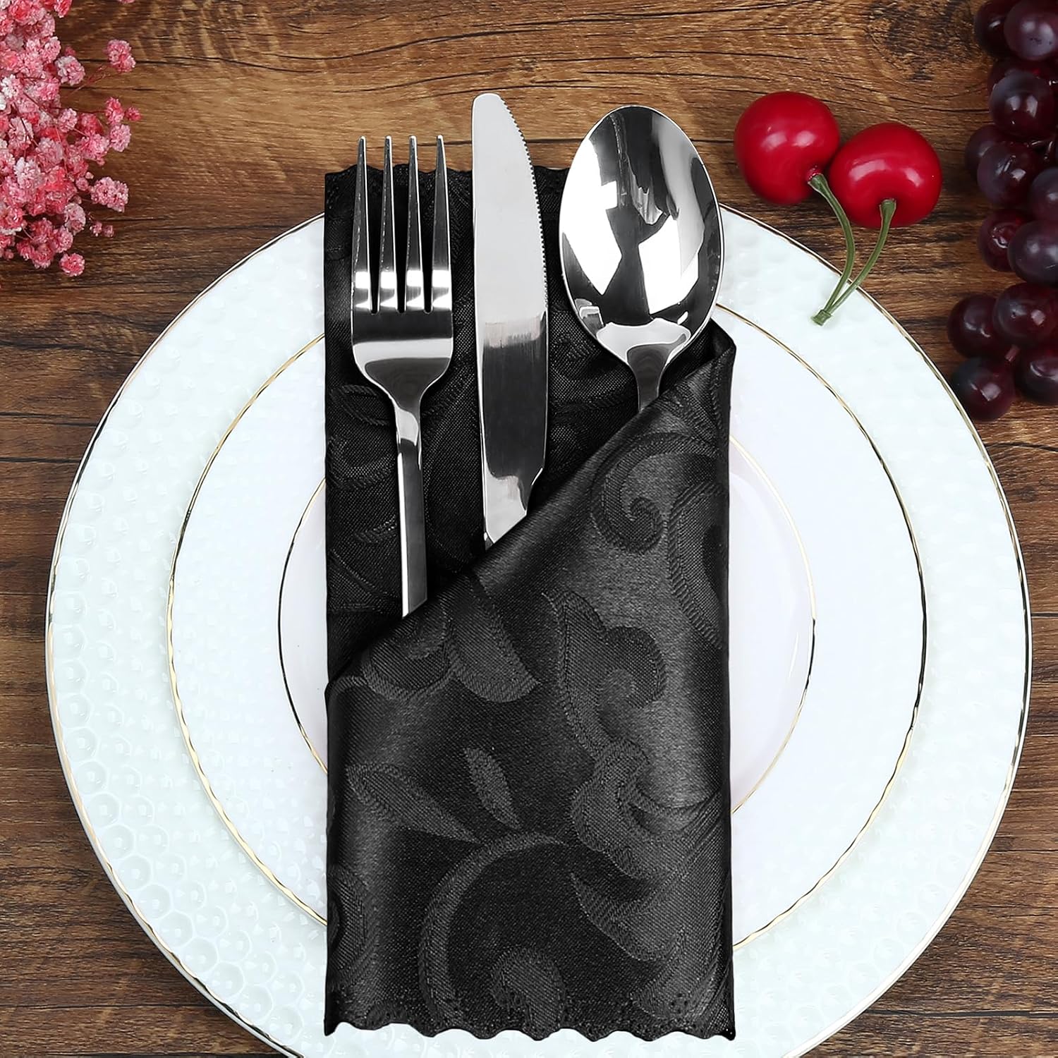 12 Pack Black Damask Satin Napkins 17 x 17 Inch