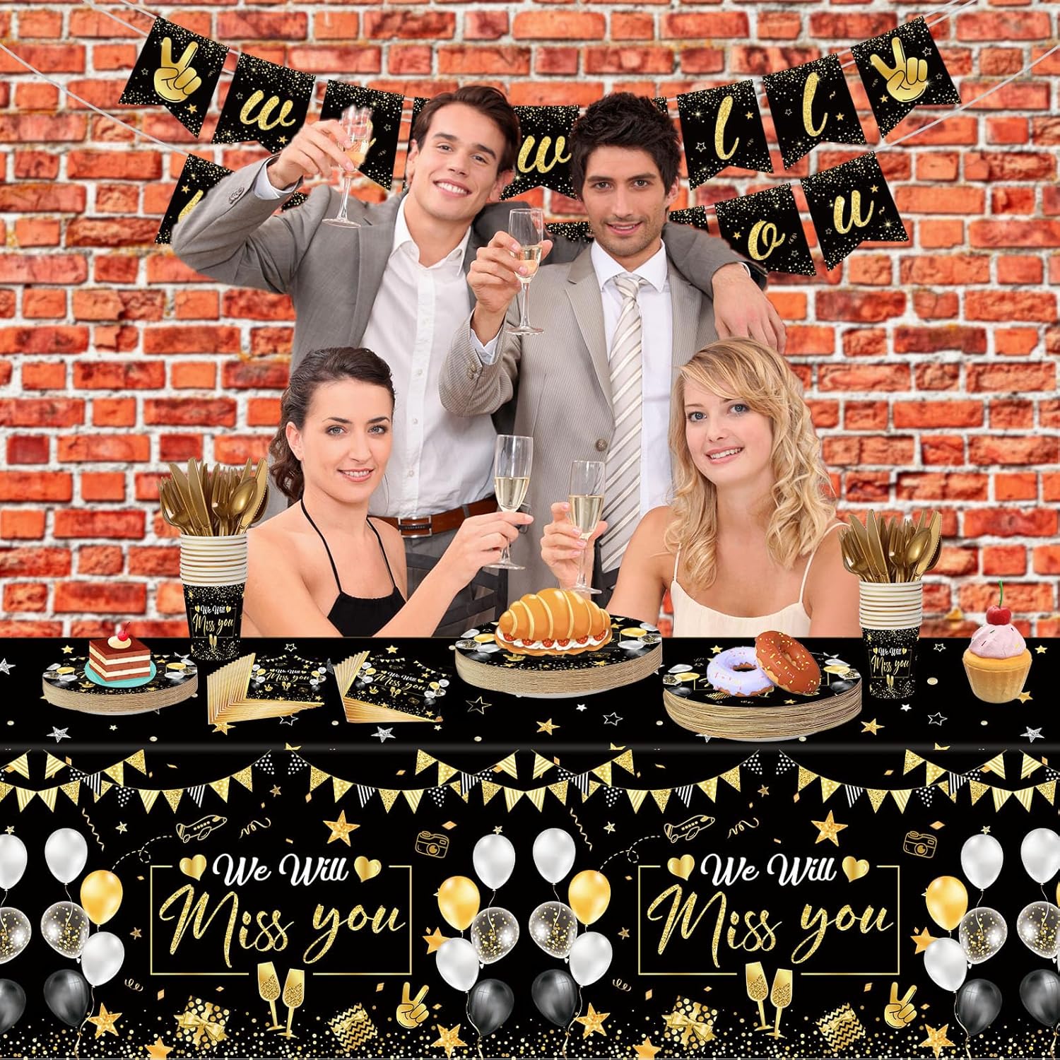 187 Pcs Farewell Party Decorations Tableware Set, 24 Guests Glitter We Will Miss You Tablecloth Dinner Plates Dessert Plate Cup and Napkins for Retirement Going Away Bye Office Work Party Supplies