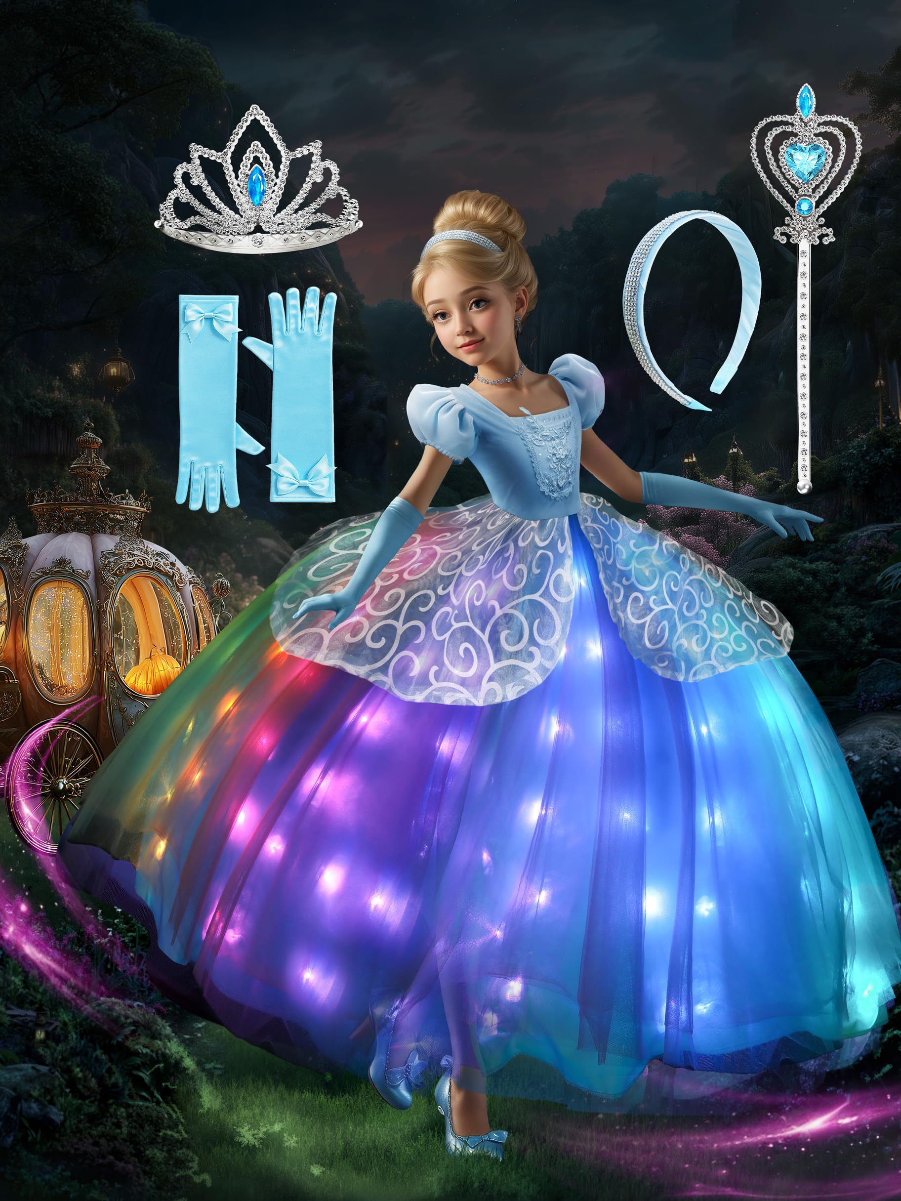 Princess Dress Up Clothes, Syncs with Music, App-Control, RGB LED Light Up Princess Dress for Girls with Accessories