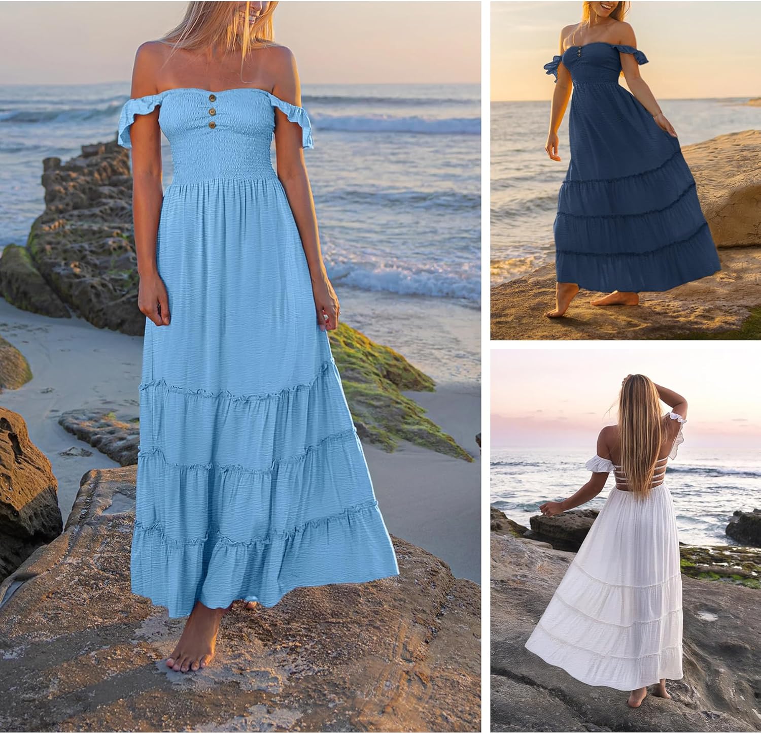 ANRABESS Womens Summer Casual Off The Shoulder Maxi Long Dress 2026 Smocked Ruffle Strap Backless Flowy Tiered Beach Sundress - Image 6