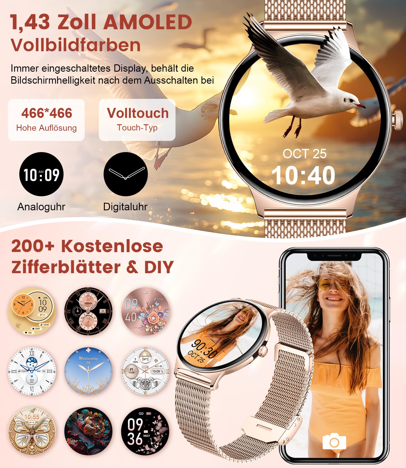 LIGE Smartwatch Damen mit Bluetooth-Anruf, 1,43" HD AMOLED Smart Watch mit IP68 Wasserdicht Damenuhr, Gesundheit der Frauen/Kalorien/120+Sport Modus Sportuhren, Android IOS Fitness Tracker