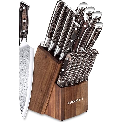 Kitchen Knife Set, 16-Piece Knife Set with Built-in Sharpener and Wooden Block, Precious Wengewood Handle for Chef Knife Set, German Stainless Steel Knife Block Set, Ultra Sharp Full Tang Forged