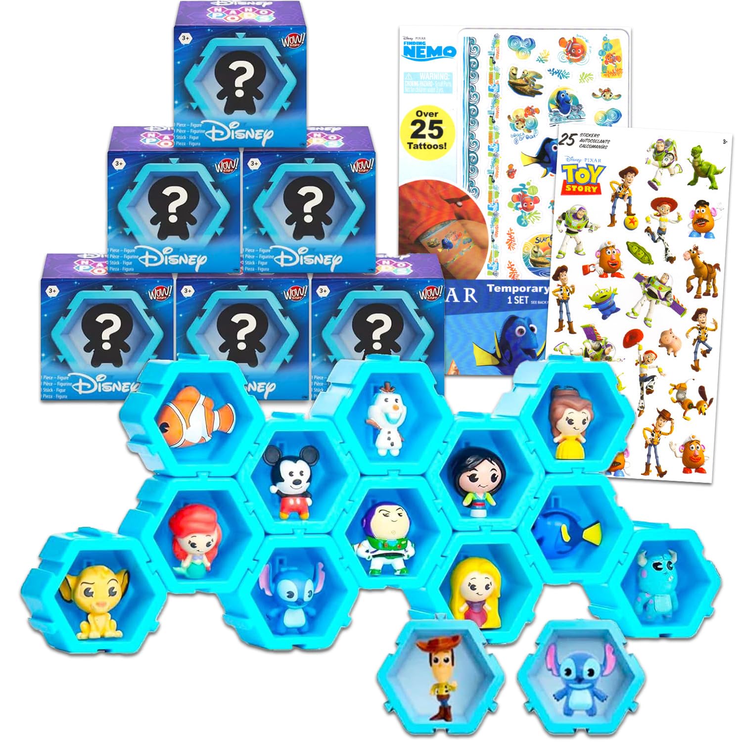 Disney Blind Box Party Favors Set - Bundle with 6 Disney Nano Pods Mystery Figure Party Favors with Mini Figurines Plus Stickers and Tattoos | Disney